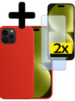 LUQ LUQ iPhone 15 Pro Max Hoesje Siliconen Met 2x Screenprotector Met Dichte Notch - Rood