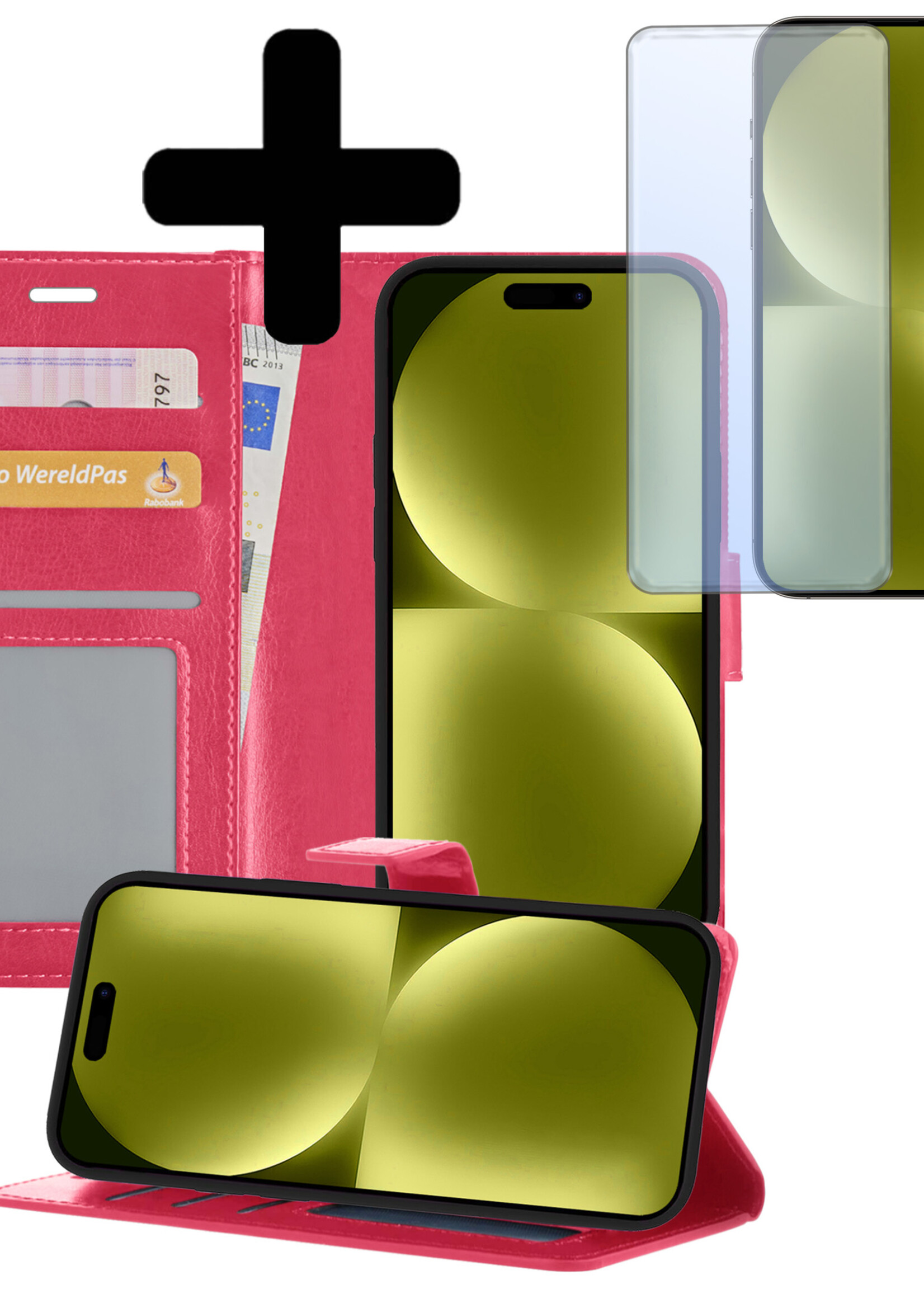 LUQ Hoesje Geschikt voor iPhone 15 Hoesje Book Case Hoes Wallet Cover Met Screenprotector - Hoes Geschikt voor iPhone 15 Hoesje Bookcase Hoes - Donkerroze