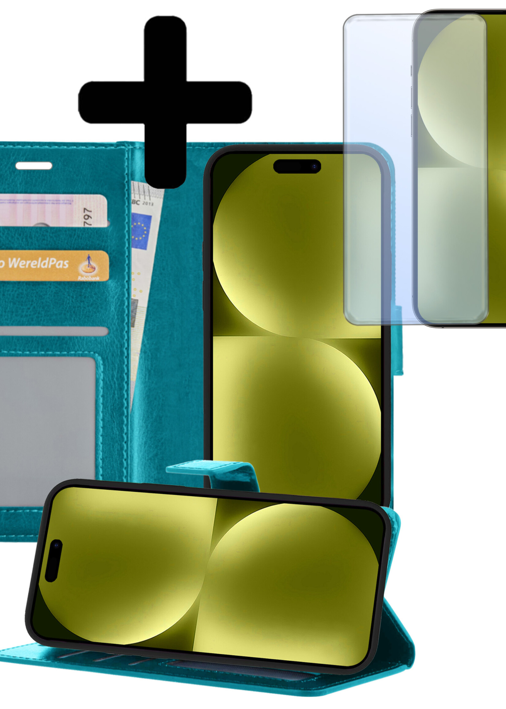 LUQ Hoesje Geschikt voor iPhone 15 Hoesje Book Case Hoes Wallet Cover Met Screenprotector - Hoes Geschikt voor iPhone 15 Hoesje Bookcase Hoes - Turquoise