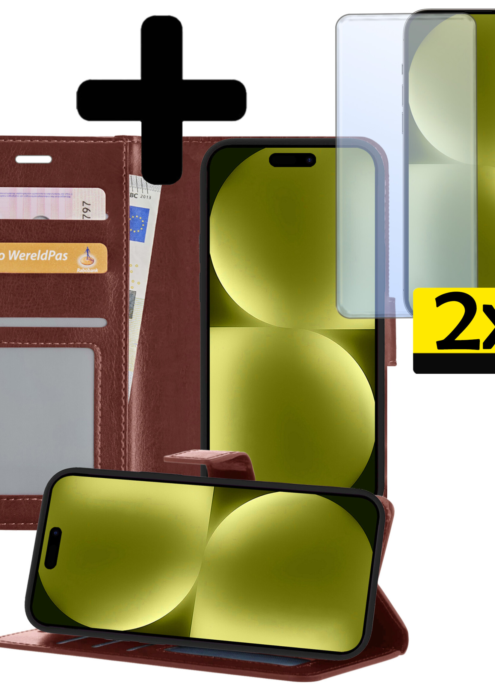 LUQ Hoesje Geschikt voor iPhone 15 Hoesje Book Case Hoes Wallet Cover Met 2x Screenprotector - Hoes Geschikt voor iPhone 15 Hoesje Bookcase Hoes - Bruin