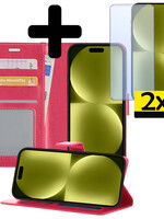 LUQ LUQ iPhone 15 Hoesje Bookcase Met 2x Screenprotector - Donkerroze