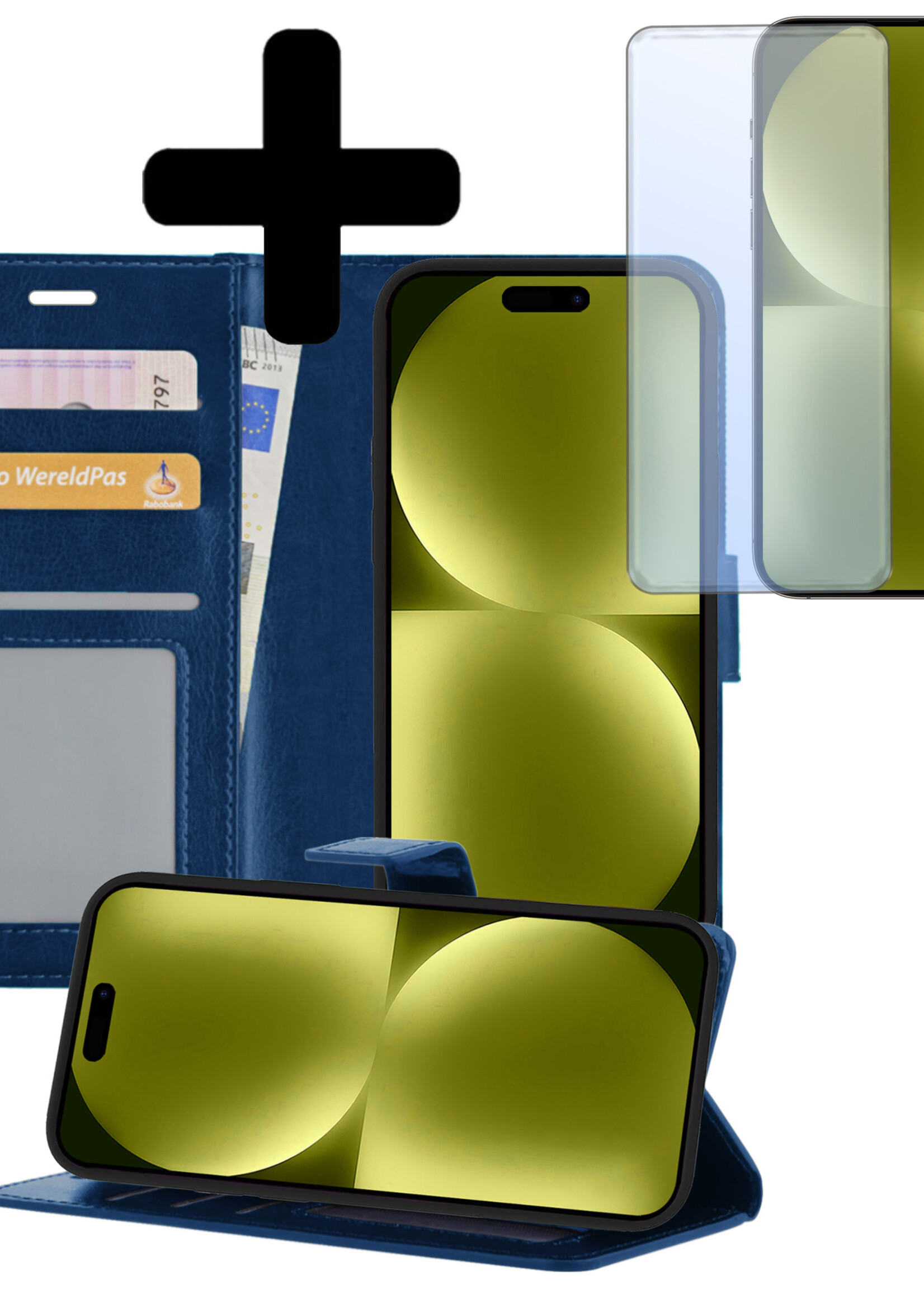 LUQ Hoesje Geschikt voor iPhone 15 Plus Hoesje Book Case Hoes Wallet Cover Met Screenprotector - Hoes Geschikt voor iPhone 15 Plus Hoesje Bookcase Hoes - Donkerblauw