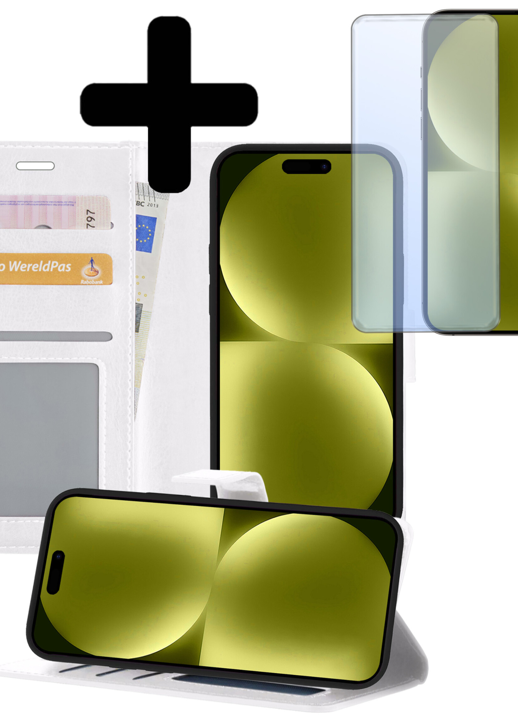 LUQ Hoesje Geschikt voor iPhone 15 Plus Hoesje Book Case Hoes Wallet Cover Met Screenprotector - Hoes Geschikt voor iPhone 15 Plus Hoesje Bookcase Hoes - Wit