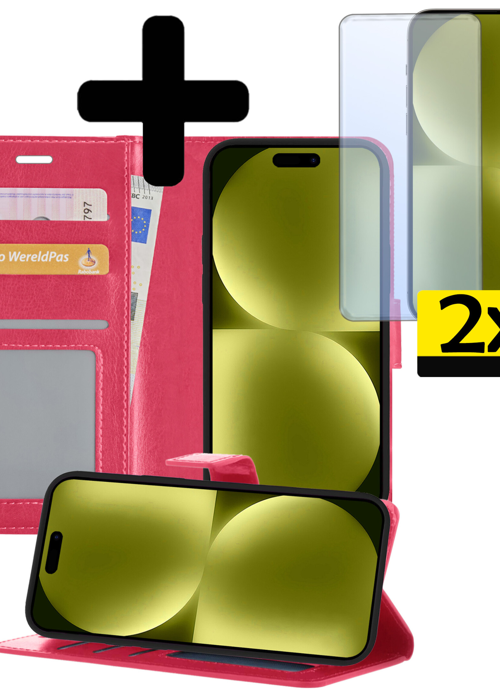 LUQ Hoesje Geschikt voor iPhone 15 Plus Hoesje Book Case Hoes Wallet Cover Met 2x Screenprotector - Hoes Geschikt voor iPhone 15 Plus Hoesje Bookcase Hoes - Donkerroze