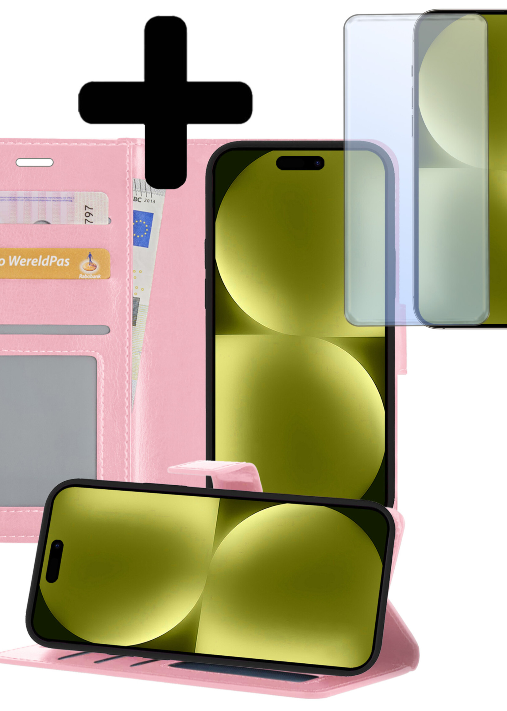 LUQ Hoesje Geschikt voor iPhone 15 Pro Hoesje Book Case Hoes Wallet Cover Met Screenprotector - Hoes Geschikt voor iPhone 15 Pro Hoesje Bookcase Hoes - Lichtroze