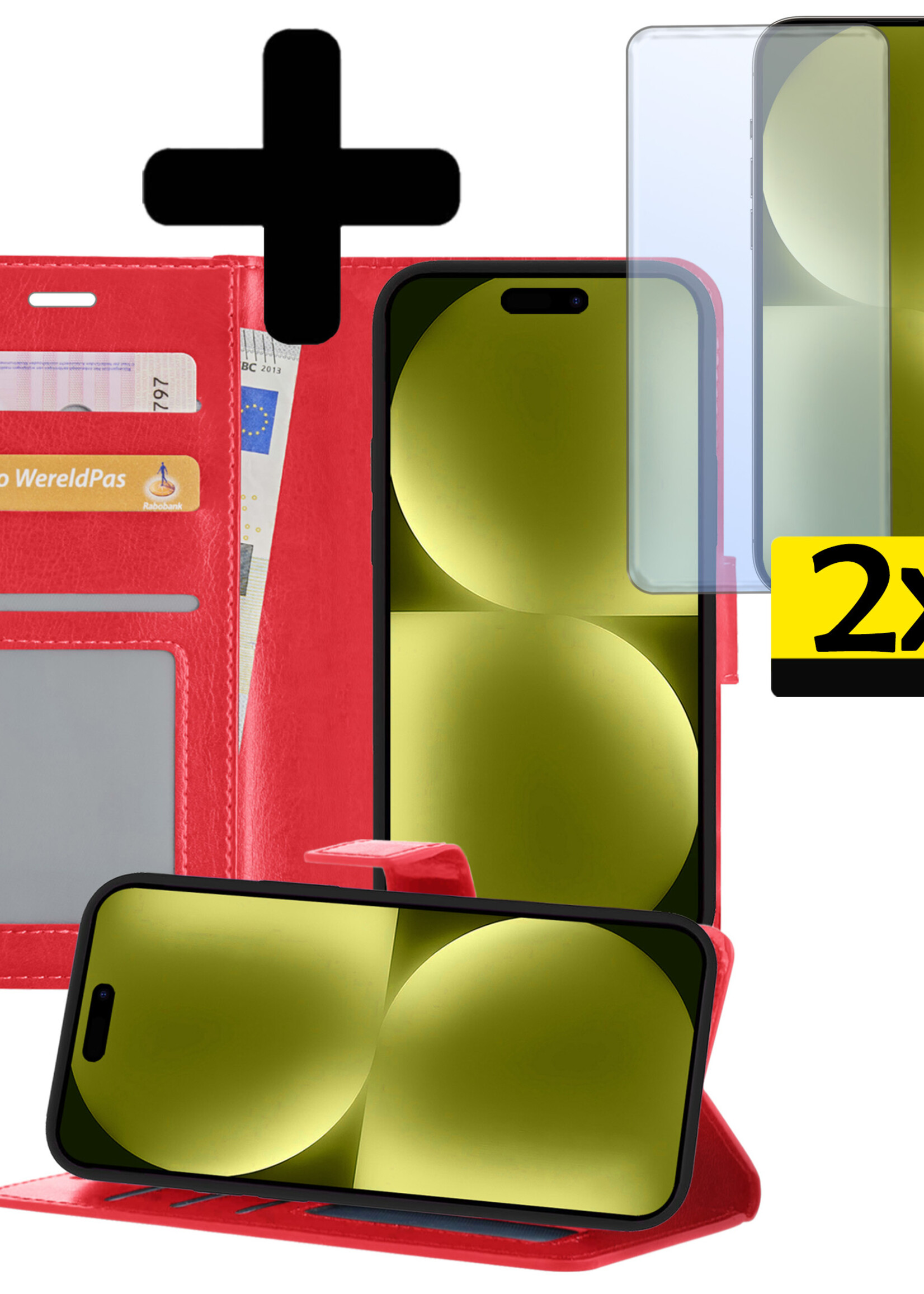 LUQ Hoesje Geschikt voor iPhone 15 Pro Hoesje Book Case Hoes Wallet Cover Met 2x Screenprotector - Hoes Geschikt voor iPhone 15 Pro Hoesje Bookcase Hoes - Rood