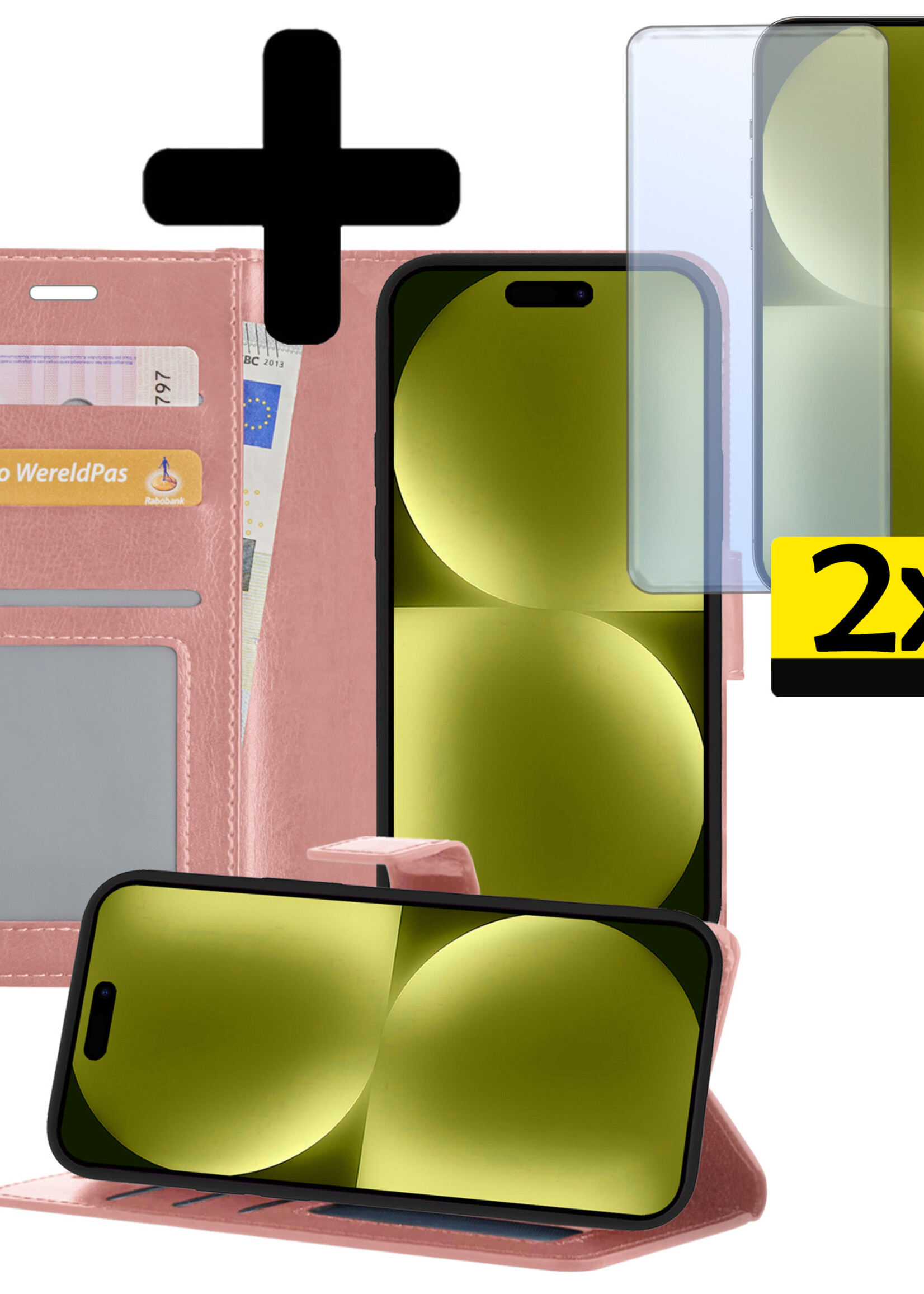 LUQ Hoesje Geschikt voor iPhone 15 Pro Hoesje Book Case Hoes Wallet Cover Met 2x Screenprotector - Hoes Geschikt voor iPhone 15 Pro Hoesje Bookcase Hoes - Rosé goud