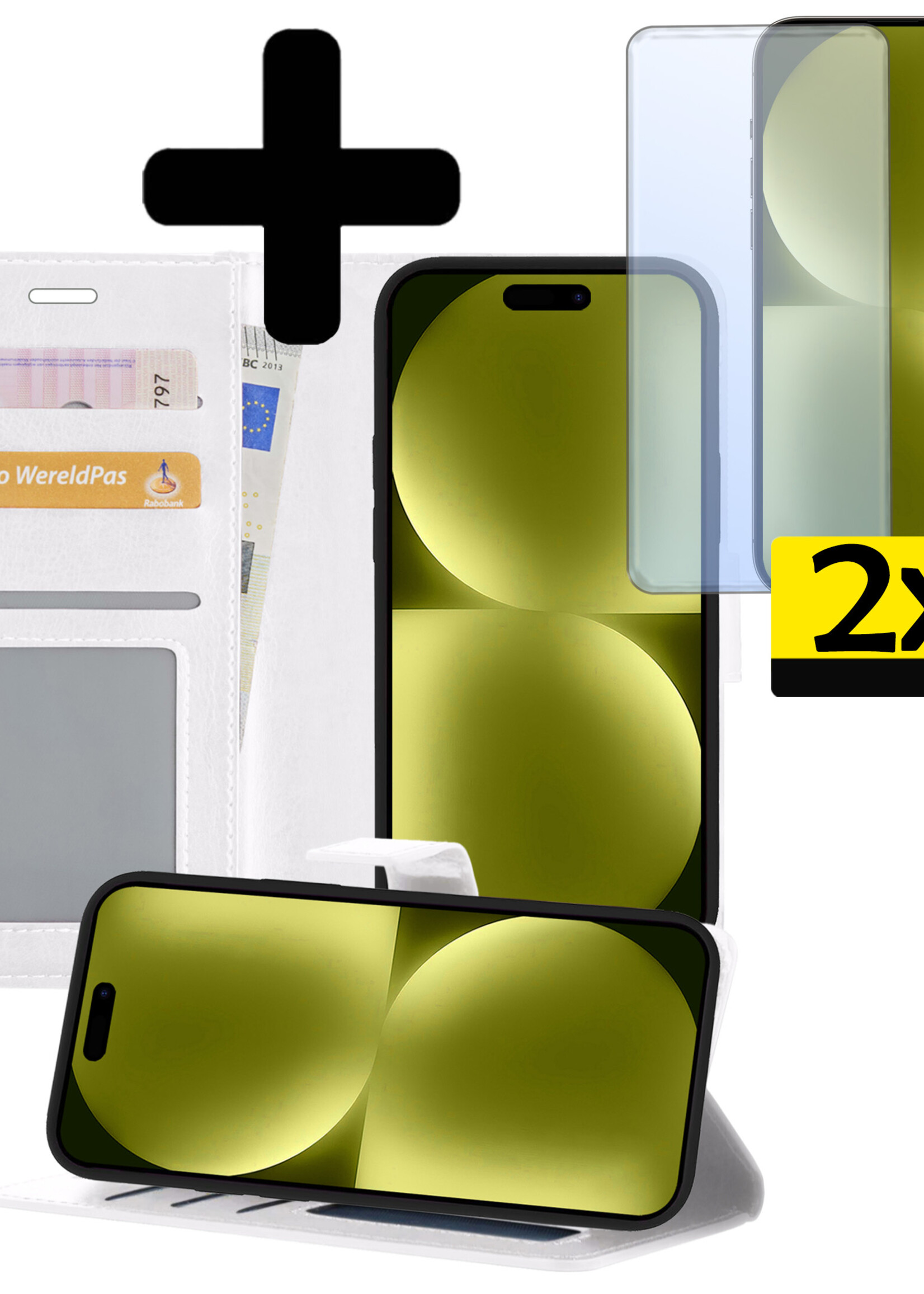 LUQ Hoesje Geschikt voor iPhone 15 Pro Hoesje Book Case Hoes Wallet Cover Met 2x Screenprotector - Hoes Geschikt voor iPhone 15 Pro Hoesje Bookcase Hoes - Wit