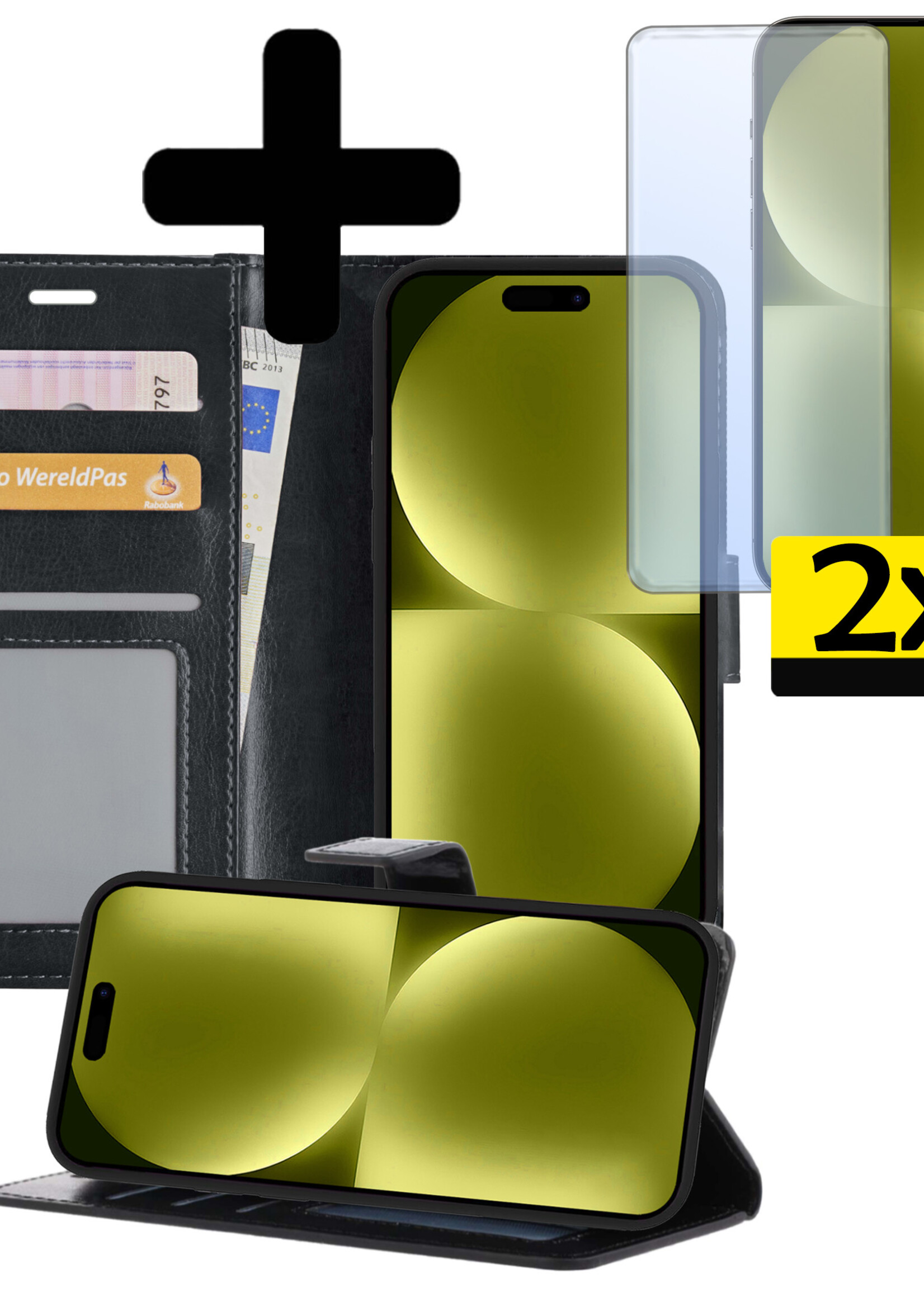 LUQ Hoesje Geschikt voor iPhone 15 Pro Hoesje Book Case Hoes Wallet Cover Met 2x Screenprotector - Hoes Geschikt voor iPhone 15 Pro Hoesje Bookcase Hoes - Zwart