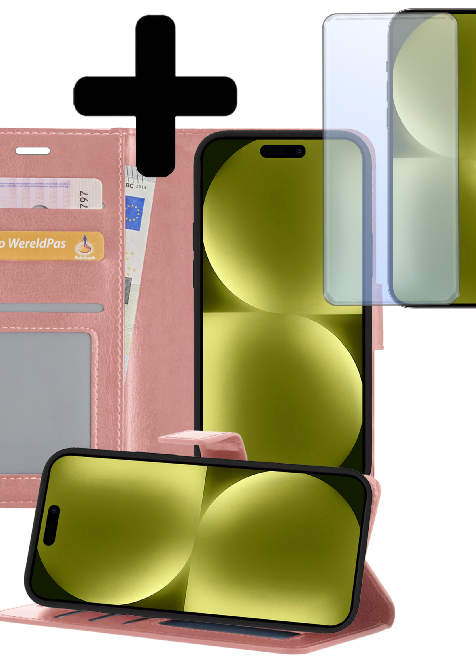 LUQ Hoesje Geschikt voor iPhone 15 Pro Max Hoesje Book Case Hoes Wallet Cover Met Screenprotector - Hoes Geschikt voor iPhone 15 Pro Max Hoesje Bookcase Hoes - Rosé goud