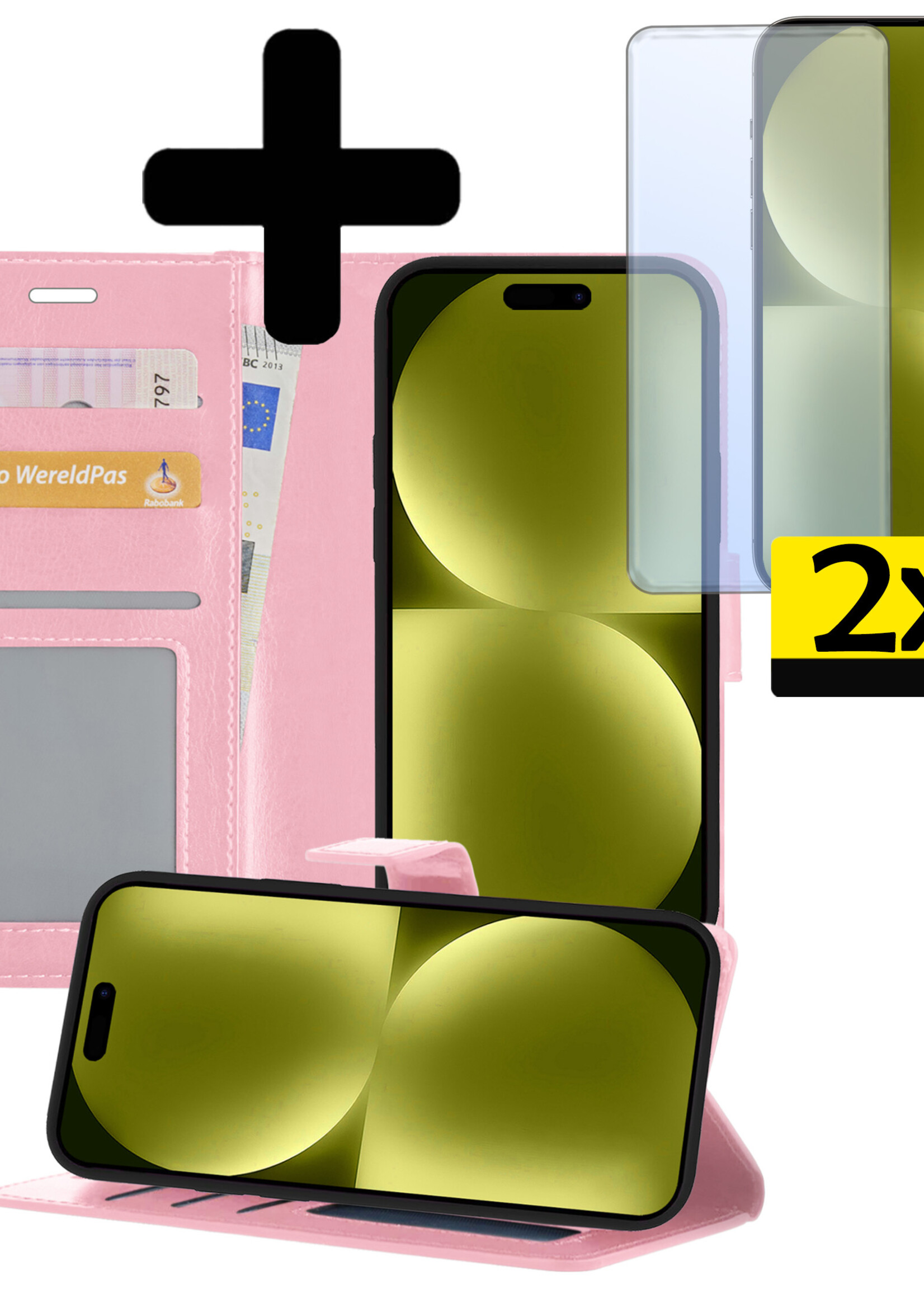 LUQ Hoesje Geschikt voor iPhone 15 Pro Max Hoesje Book Case Hoes Wallet Cover Met 2x Screenprotector - Hoes Geschikt voor iPhone 15 Pro Max Hoesje Bookcase Hoes - Lichtroze