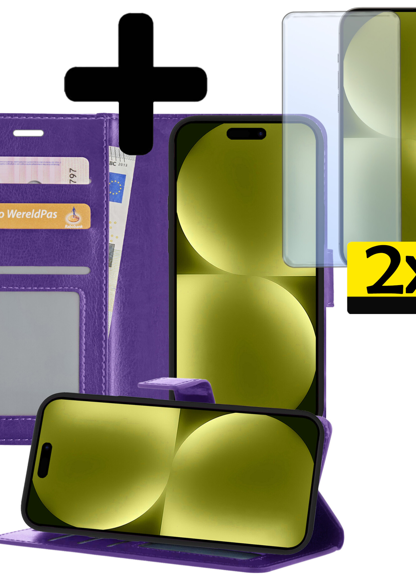 LUQ Hoesje Geschikt voor iPhone 15 Pro Max Hoesje Book Case Hoes Wallet Cover Met 2x Screenprotector - Hoes Geschikt voor iPhone 15 Pro Max Hoesje Bookcase Hoes - Paars