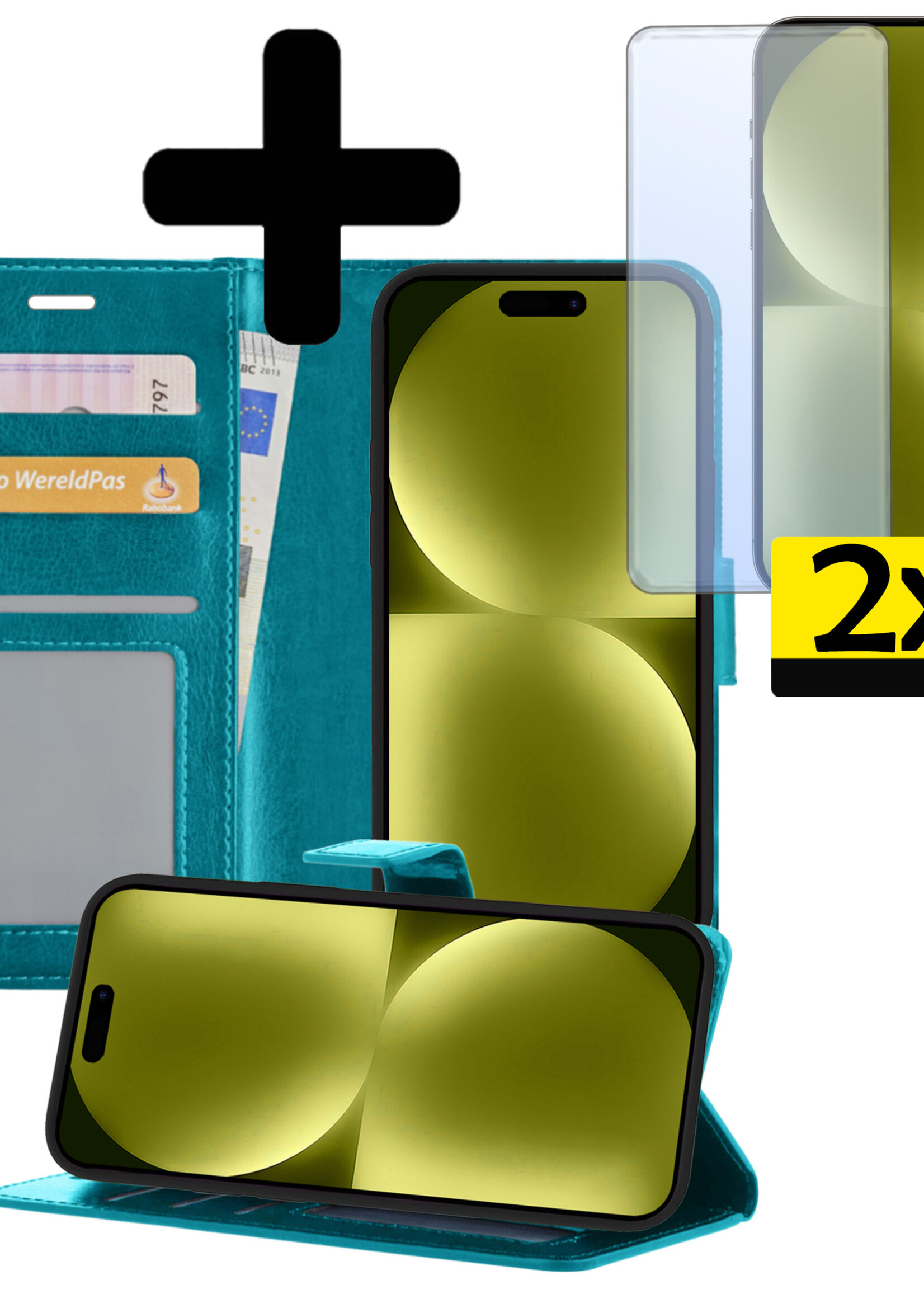 LUQ Hoesje Geschikt voor iPhone 15 Pro Max Hoesje Book Case Hoes Wallet Cover Met 2x Screenprotector - Hoes Geschikt voor iPhone 15 Pro Max Hoesje Bookcase Hoes - Turquoise