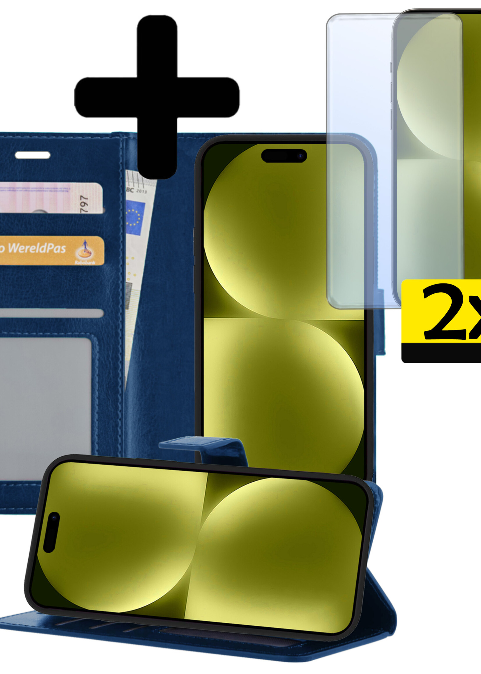 LUQ Hoesje Geschikt voor iPhone 15 Pro Max Hoesje Book Case Hoes Wallet Cover Met 2x Screenprotector - Hoes Geschikt voor iPhone 15 Pro Max Hoesje Bookcase Hoes - Donkerblauw