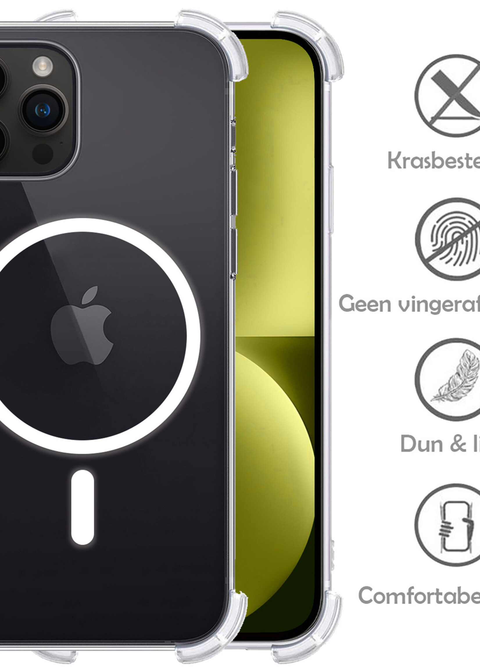 LUQ Hoesje Geschikt voor iPhone 15 Pro Hoesje Geschikt voor Magsafe Siliconen Shock Proof Case Met 2x Screenprotector - Transparant