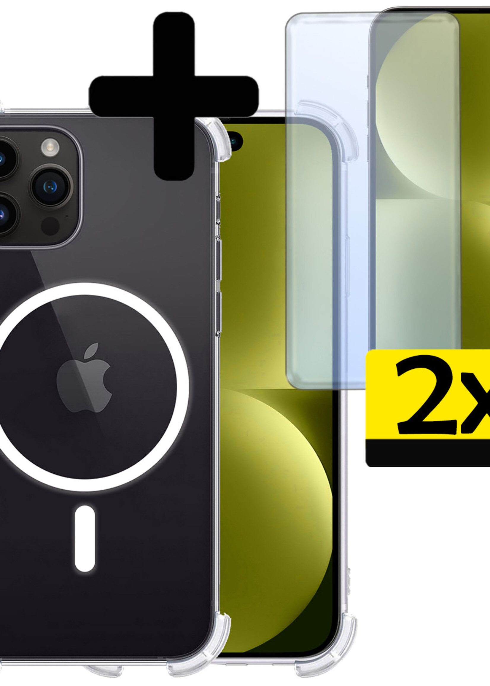 LUQ Hoesje Geschikt voor iPhone 15 Pro Hoesje Geschikt voor Magsafe Siliconen Shock Proof Case Met 2x Screenprotector - Transparant