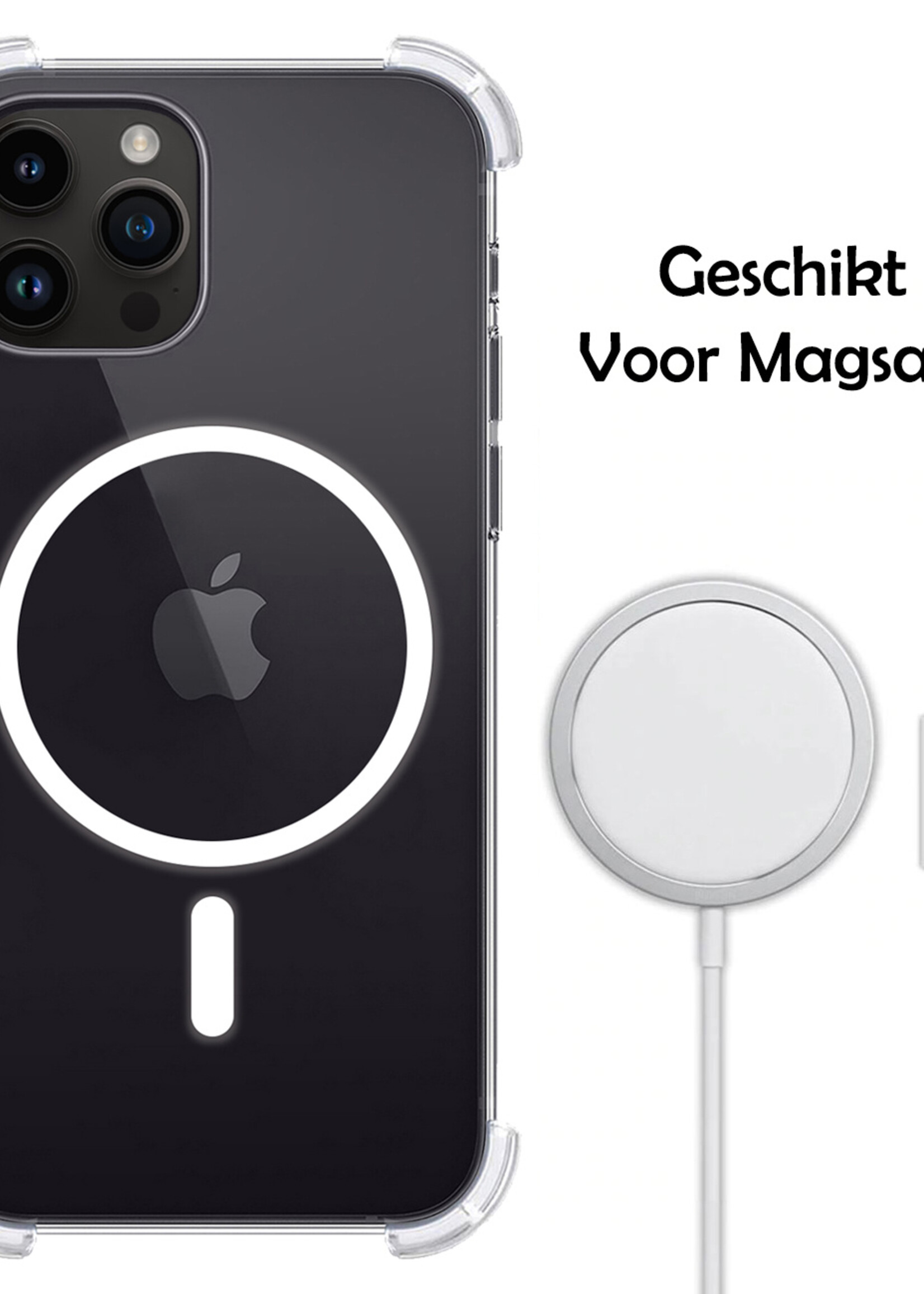 LUQ Hoesje Geschikt voor iPhone 15 Pro Max Hoesje Geschikt voor Magsafe Siliconen Shock Proof Case Met 2x Screenprotector - Transparant
