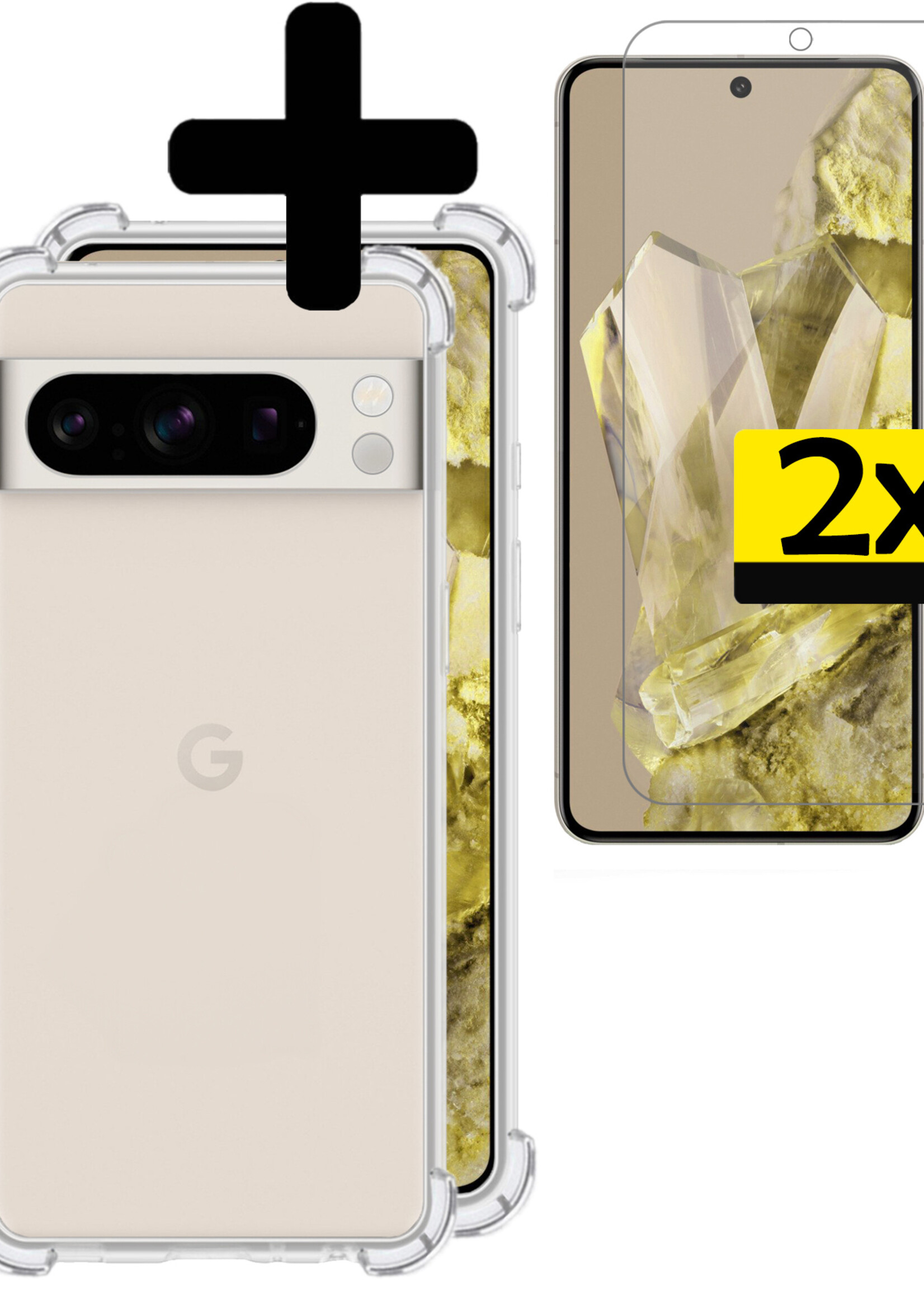 LUQ Hoesje Geschikt voor Google Pixel 8 Pro Hoesje Shockproof Case Siliconen Met 2x Screenprotector - Hoes Geschikt voor Google Pixel 8 Pro Hoes Cover Siliconen - Transparant