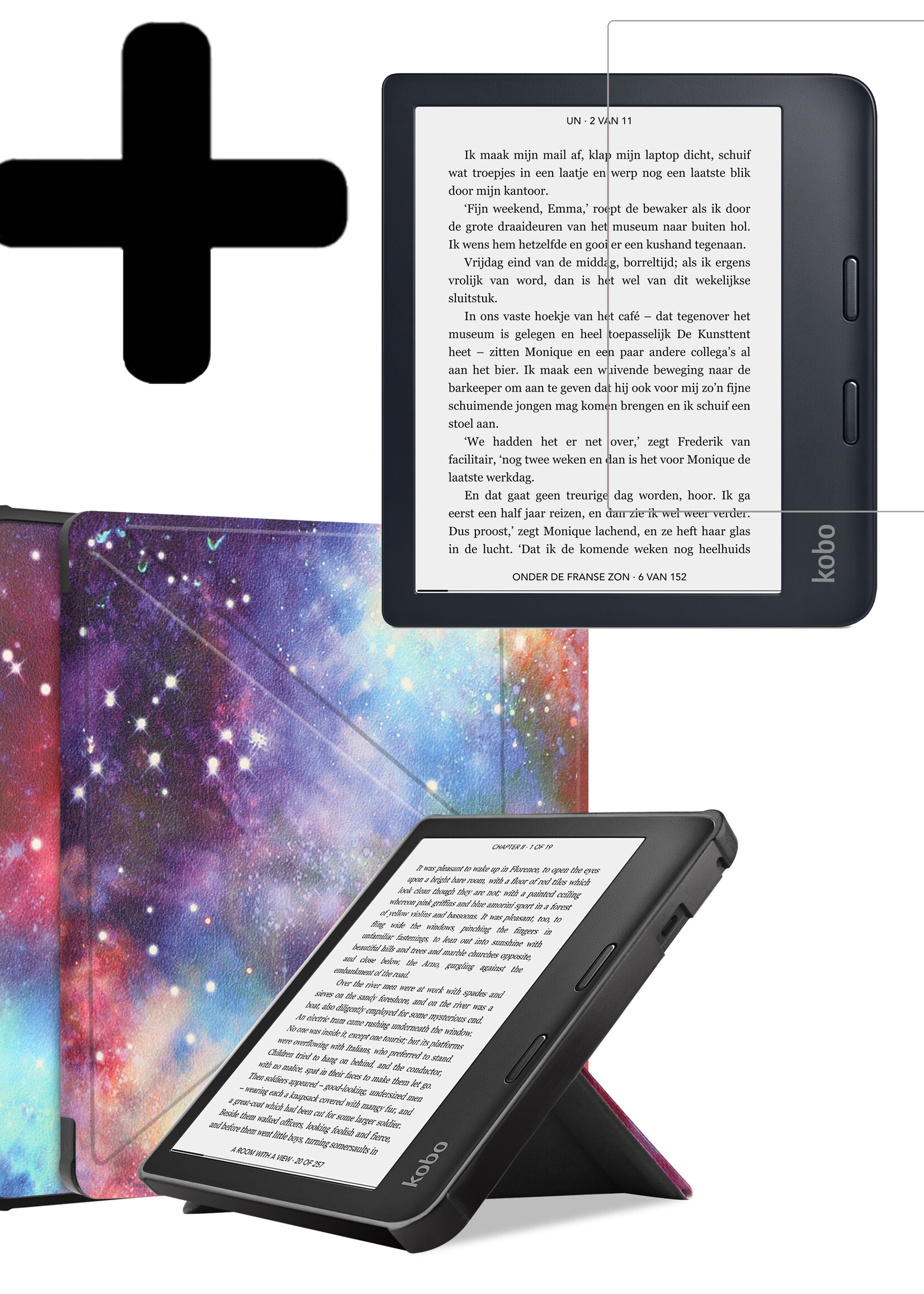 LUQ Hoesje Geschikt voor Kobo Libra 2 Hoes Bescherm Hoesje Case Luxe Sleep Cover Met Screenprotector - Galaxy