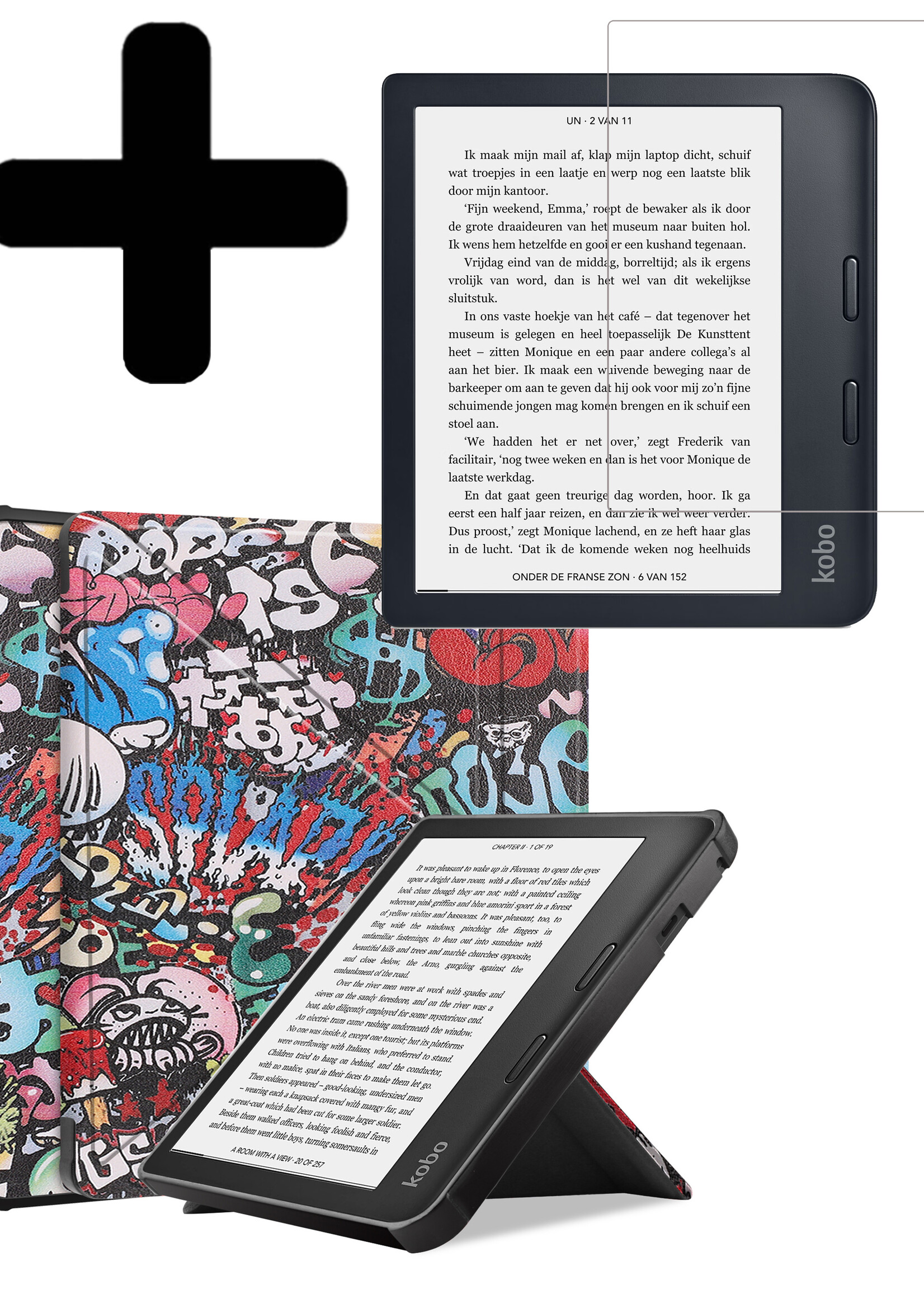 LUQ Hoesje Geschikt voor Kobo Libra 2 Hoes Bescherm Hoesje Case Luxe Sleep Cover Met Screenprotector - Graffity