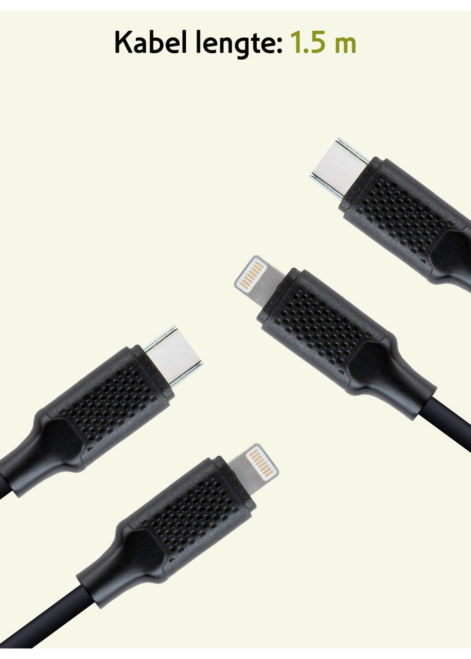 LUQ Oplaadkabel USB-C Kabels Geschikt voor Lightning iPhone - USB C kabel Geschikt voor iPhone - Zwart - 1,5 meter
