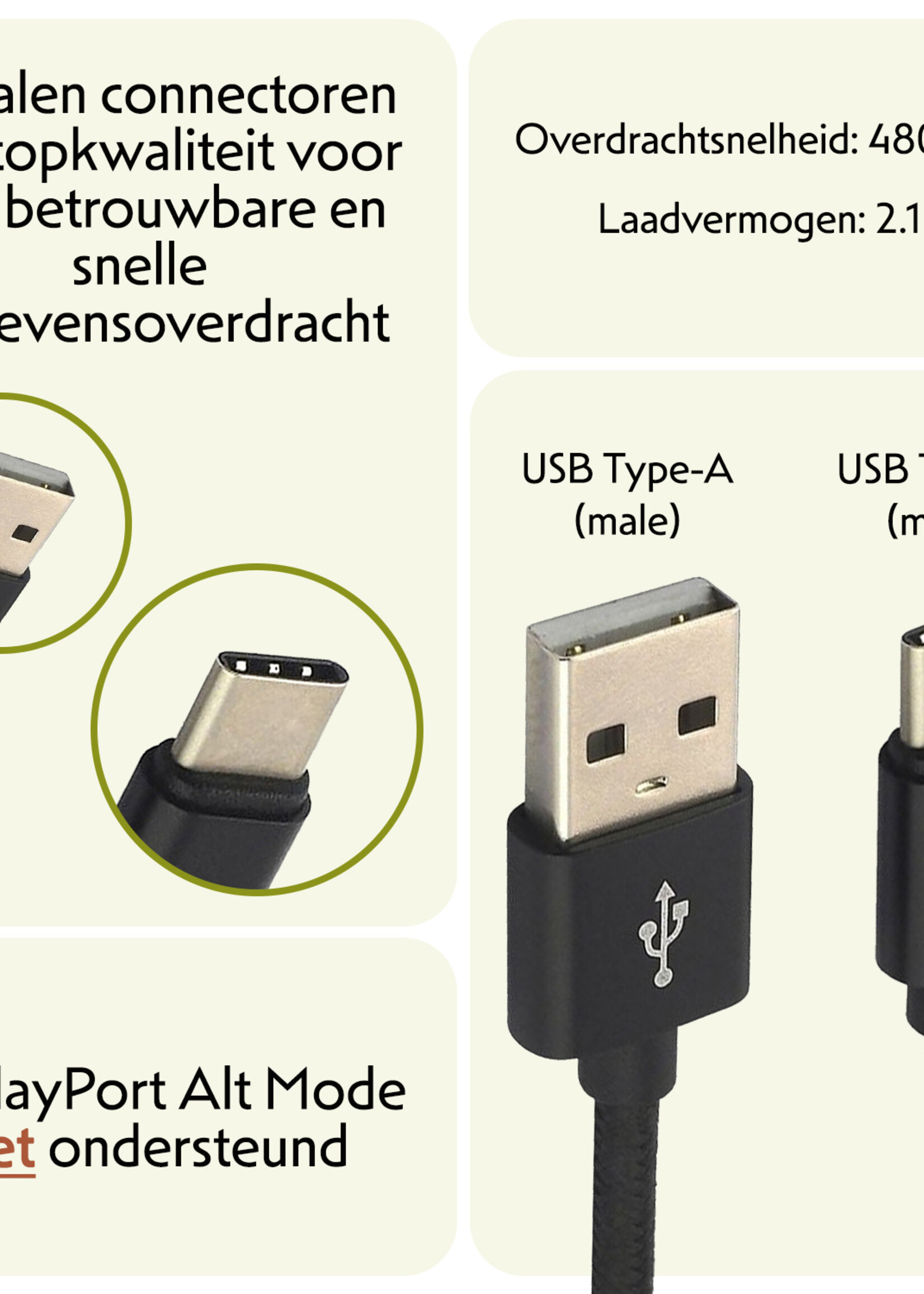 LUQ Oplaadkabel USB-C Kabels Gevlochten Nylon USB C naar USB A - USB C kabel Datakabel - Zwart - 1,8 meter