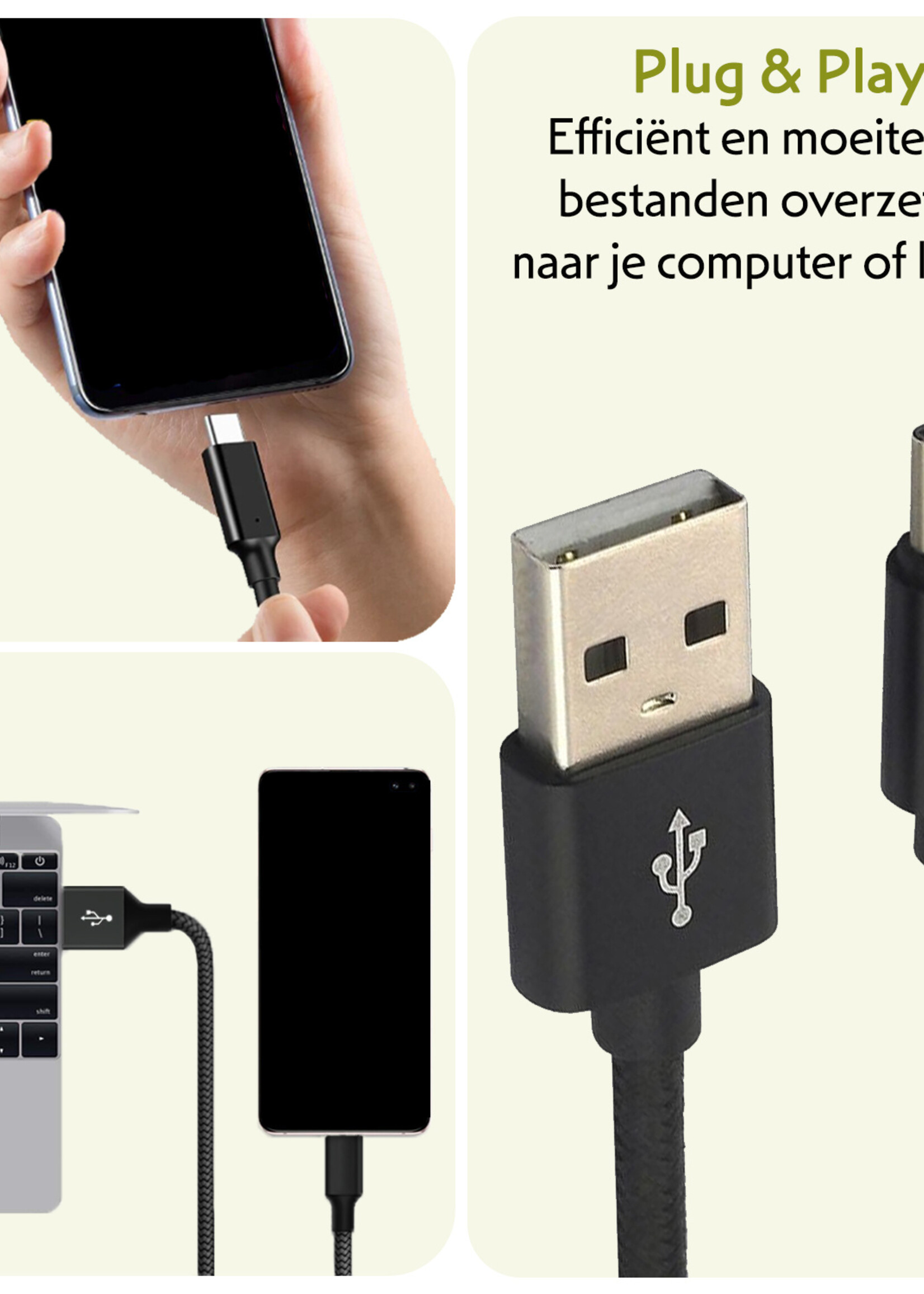 LUQ Oplaadkabel USB-C Kabels Gevlochten Nylon USB C naar USB A - USB C kabel Datakabel - Zwart - 1,8 meter