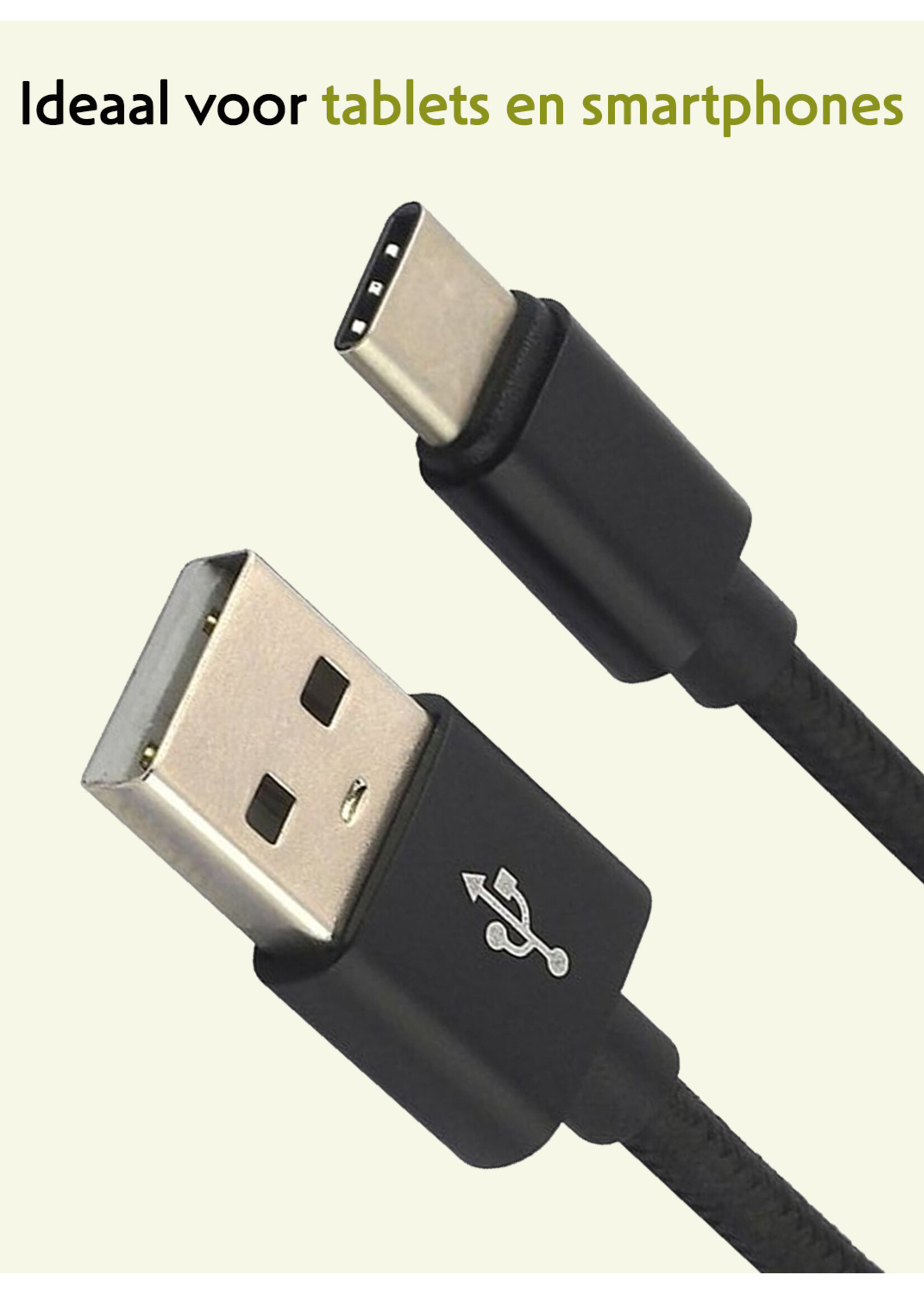 LUQ Oplaadkabel USB-C Kabels Gevlochten Nylon USB C naar USB A - USB C kabel Datakabel - Zwart - 1,8 meter