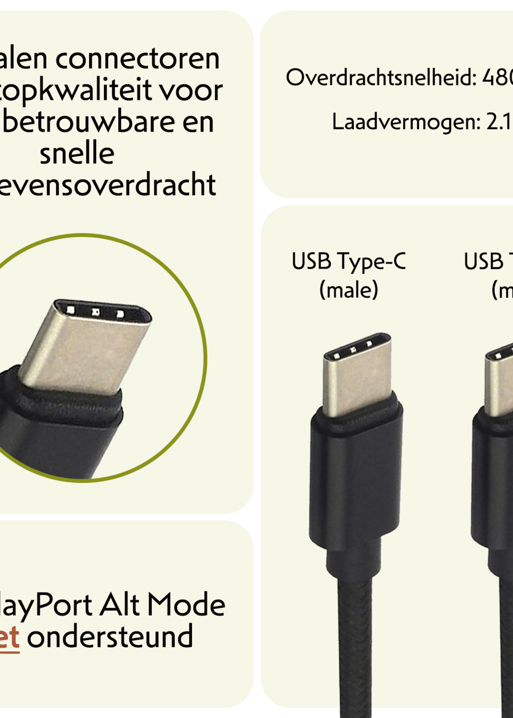 LUQ Oplaadkabel USB-C Kabels Gevlochten Nylon USB C naar USB C - USB C kabel Datakabel - Zwart - 1,8 meter