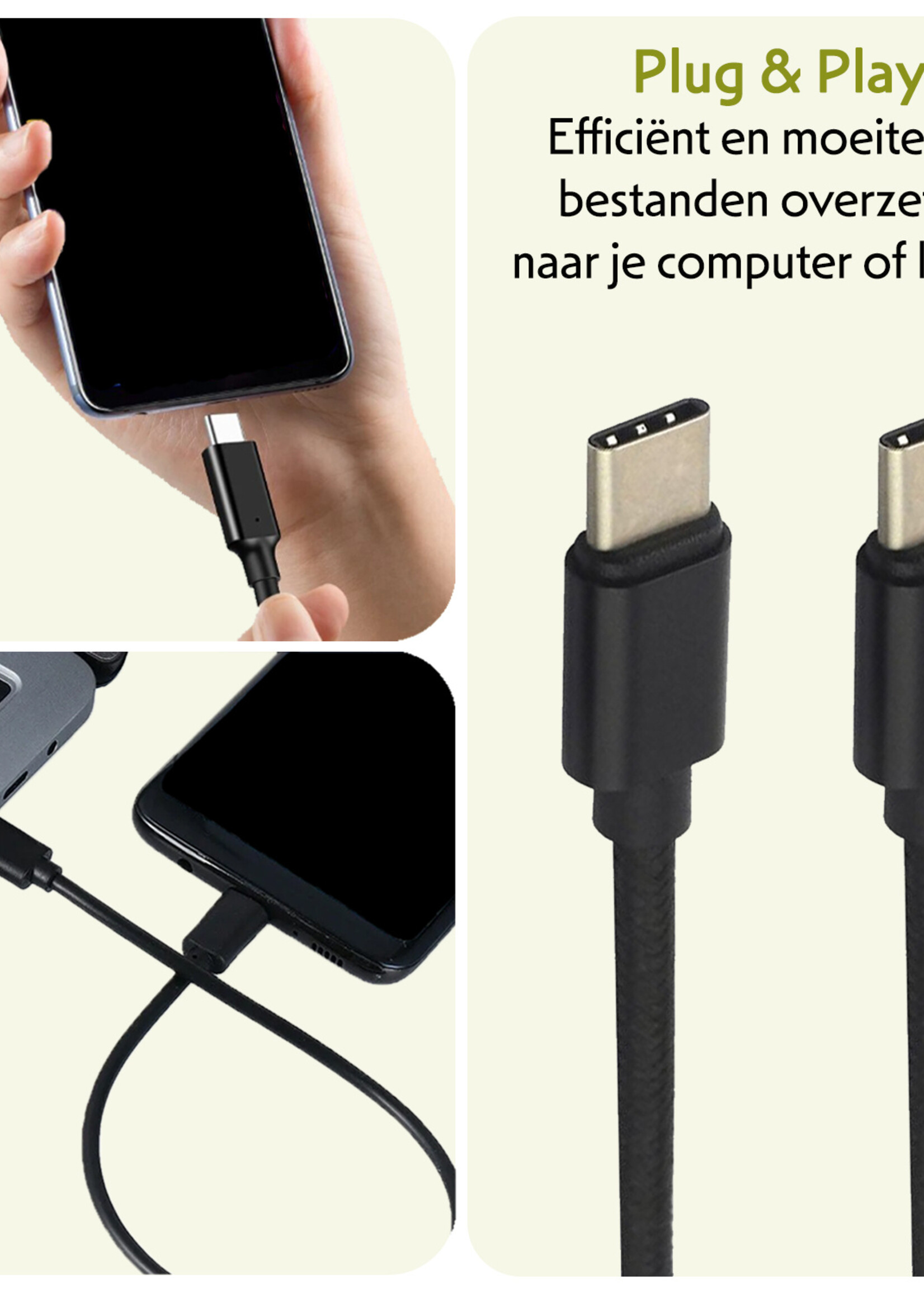 LUQ Oplaadkabel USB-C Kabels Gevlochten Nylon USB C naar USB C - USB C kabel Datakabel - Zwart - 1,8 meter