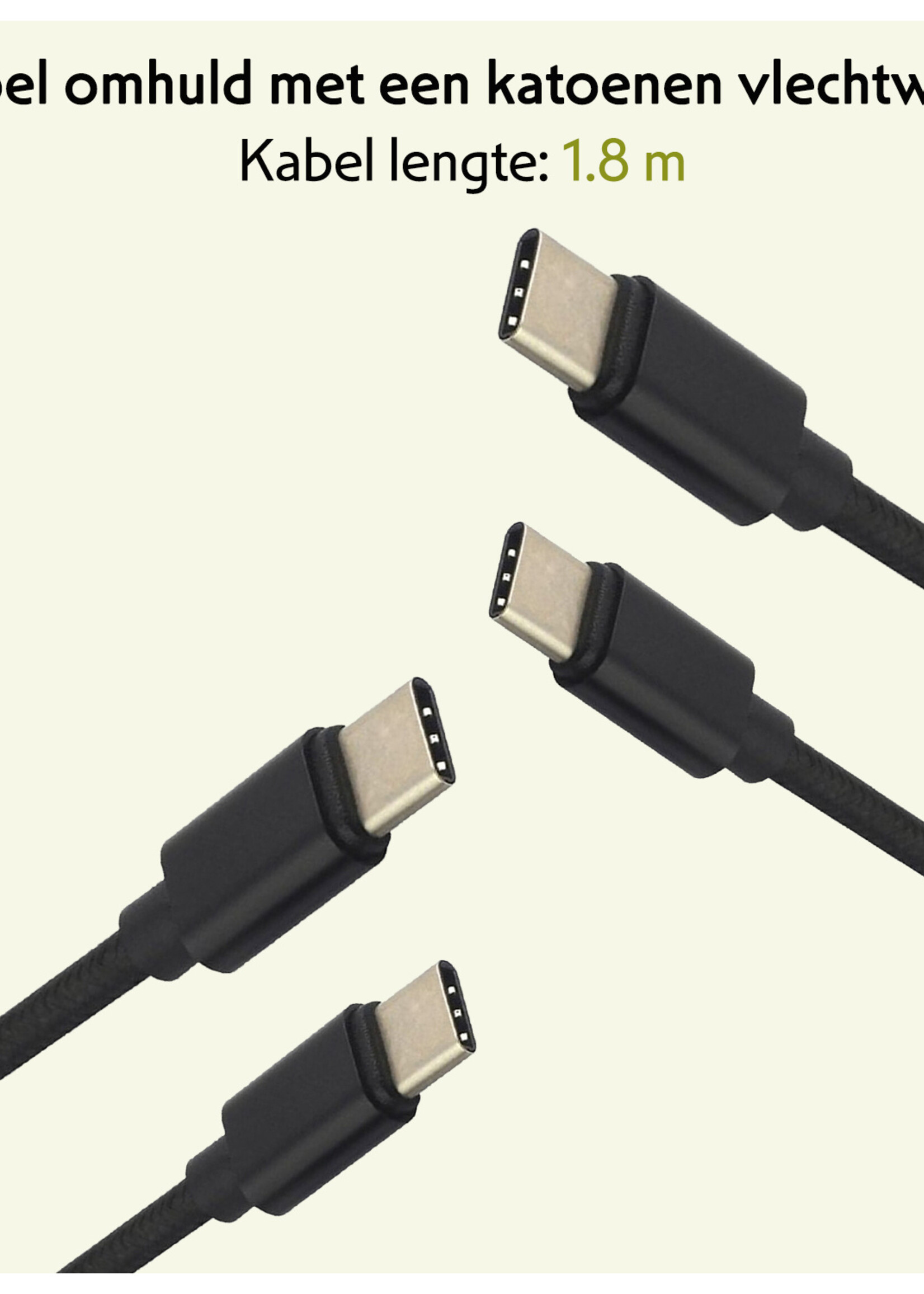 LUQ Oplaadkabel USB-C Kabels Gevlochten Nylon USB C naar USB C - USB C kabel Datakabel - Zwart - 1,8 meter