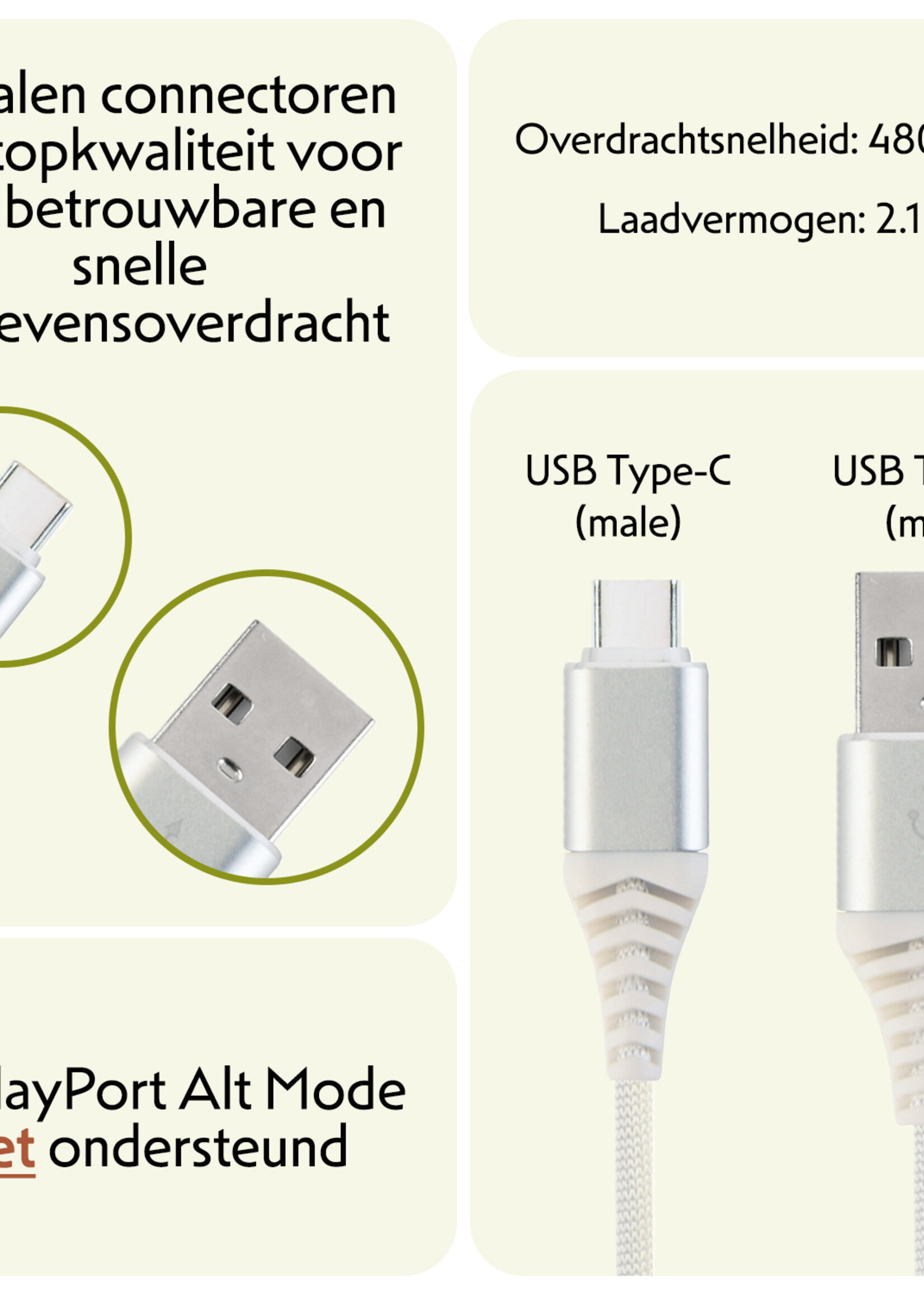 LUQ Oplaadkabel USB-C Kabels Gevlochten Nylon USB C naar USB A - USB C kabel Datakabel - Wit - 1 meter