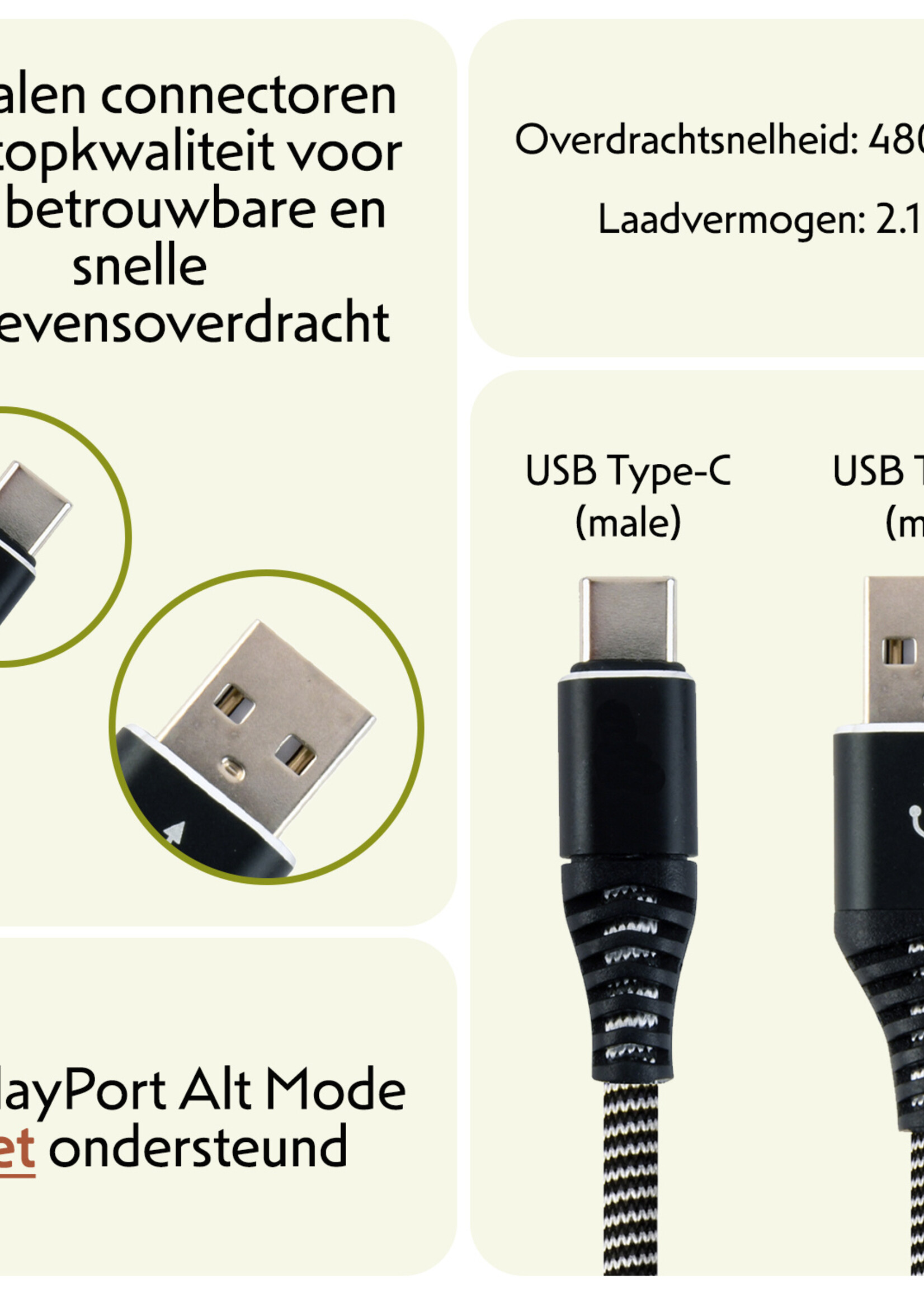 LUQ Oplaadkabel USB-C Kabels Gevlochten Nylon USB C naar USB A - USB C kabel Datakabel - Zwart/Wit - 1 meter