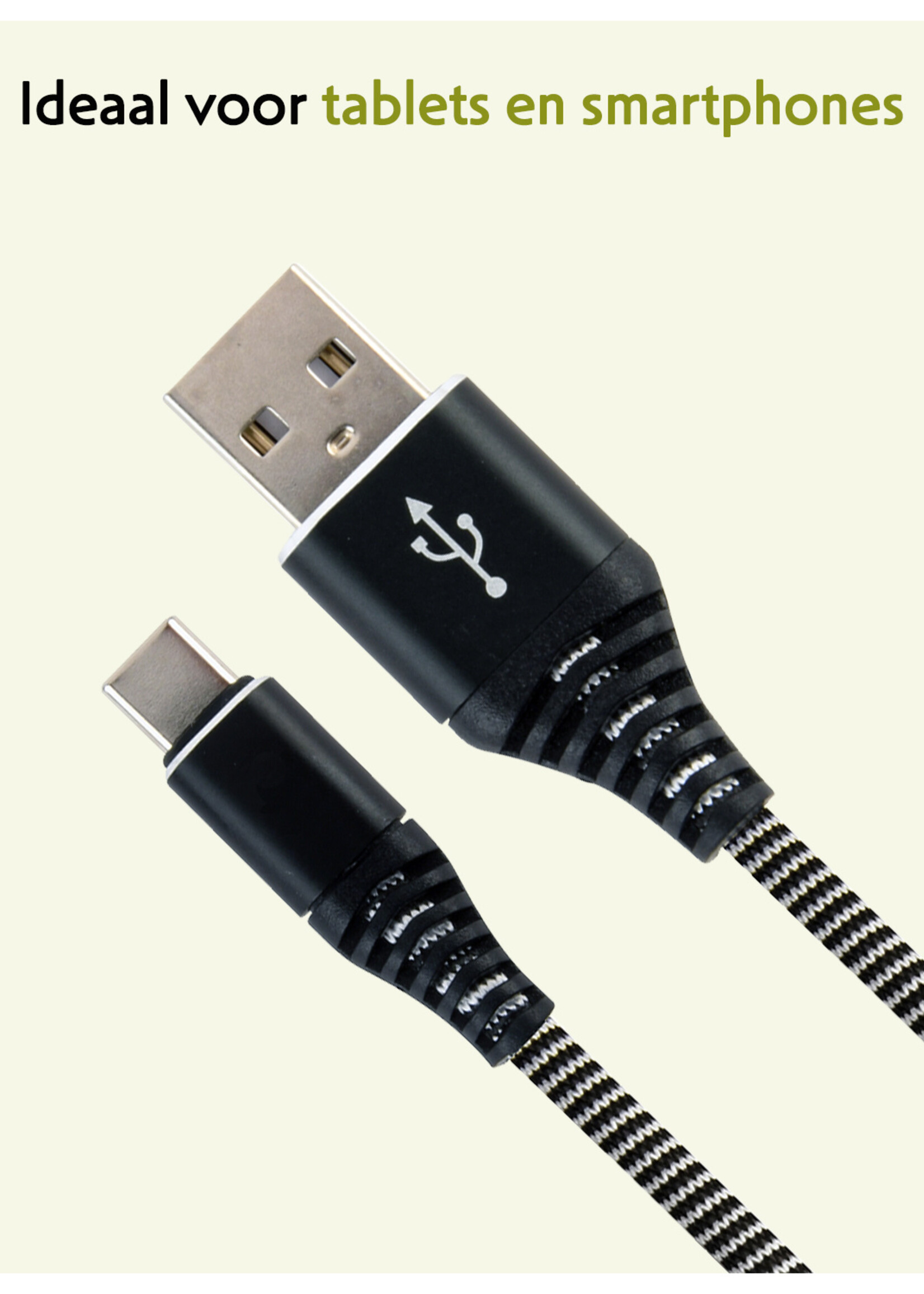 LUQ Oplaadkabel USB-C Kabels Gevlochten Nylon USB C naar USB A - USB C kabel Datakabel - Zwart/Wit - 1 meter