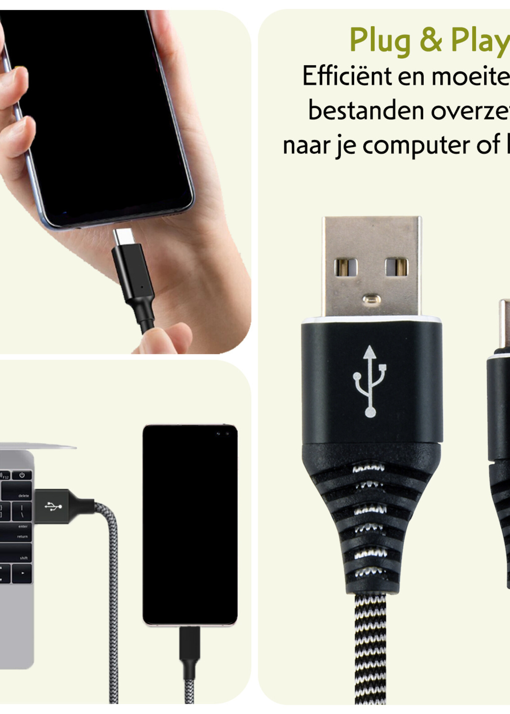 LUQ Oplaadkabel USB-C Kabels Gevlochten Nylon USB C naar USB A - USB C kabel Datakabel - Zwart/Wit - 2 meter
