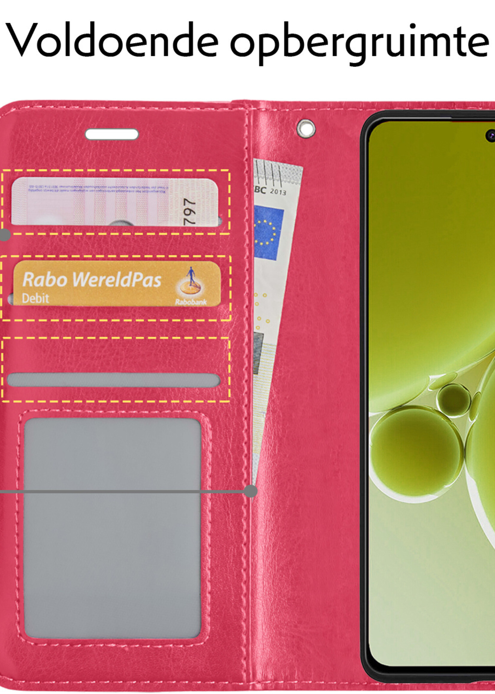 LUQ Hoesje Geschikt voor OnePlus Nord 3 Hoesje Book Case Hoes Wallet Cover Met 2x Screenprotector - Hoes Geschikt voor OnePlus Nord 3 Hoesje Bookcase Hoes - Donkerroze