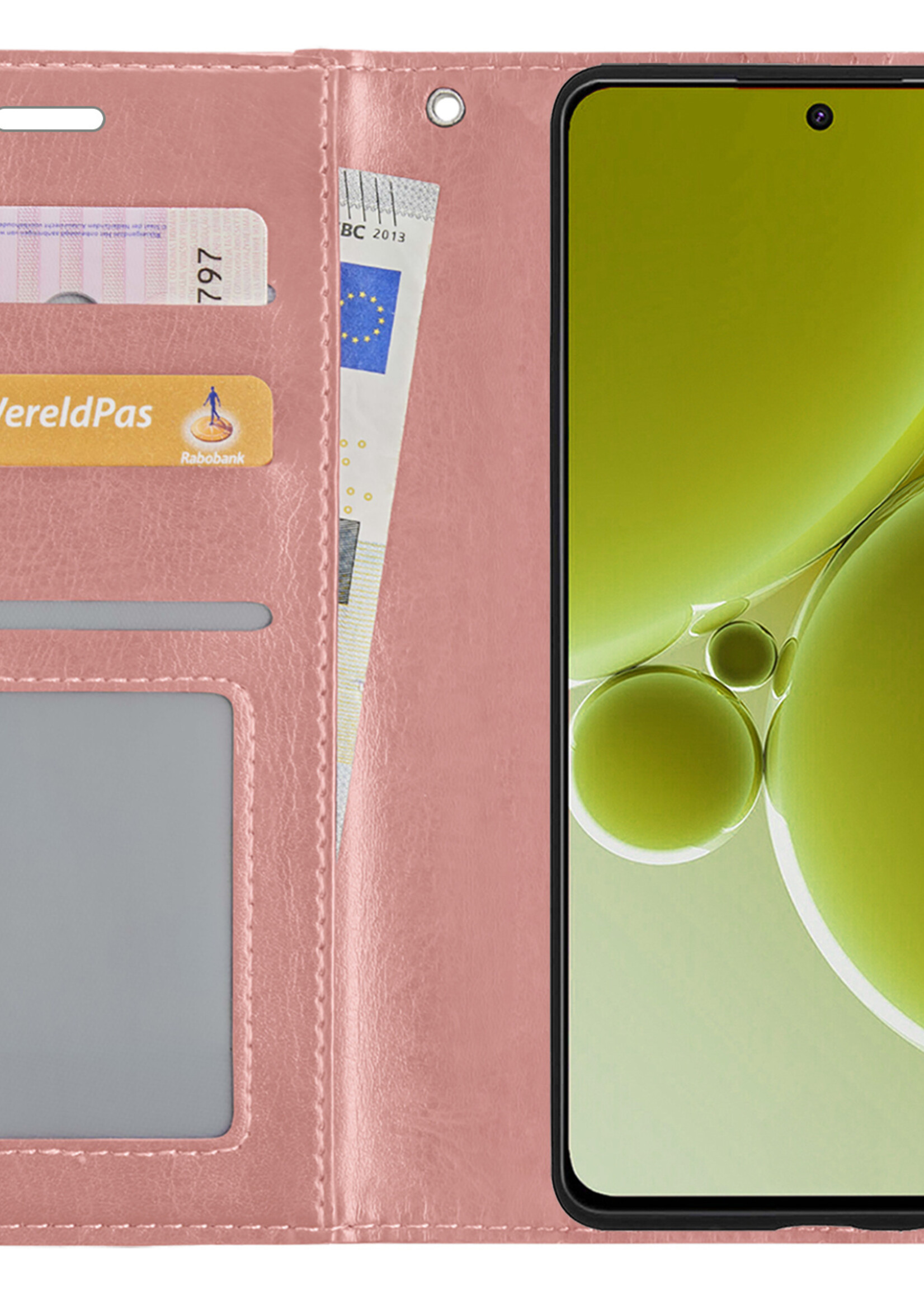 LUQ Hoesje Geschikt voor OnePlus Nord 3 Hoesje Book Case Hoes Wallet Cover Met 2x Screenprotector - Hoes Geschikt voor OnePlus Nord 3 Hoesje Bookcase Hoes - Rosé goud