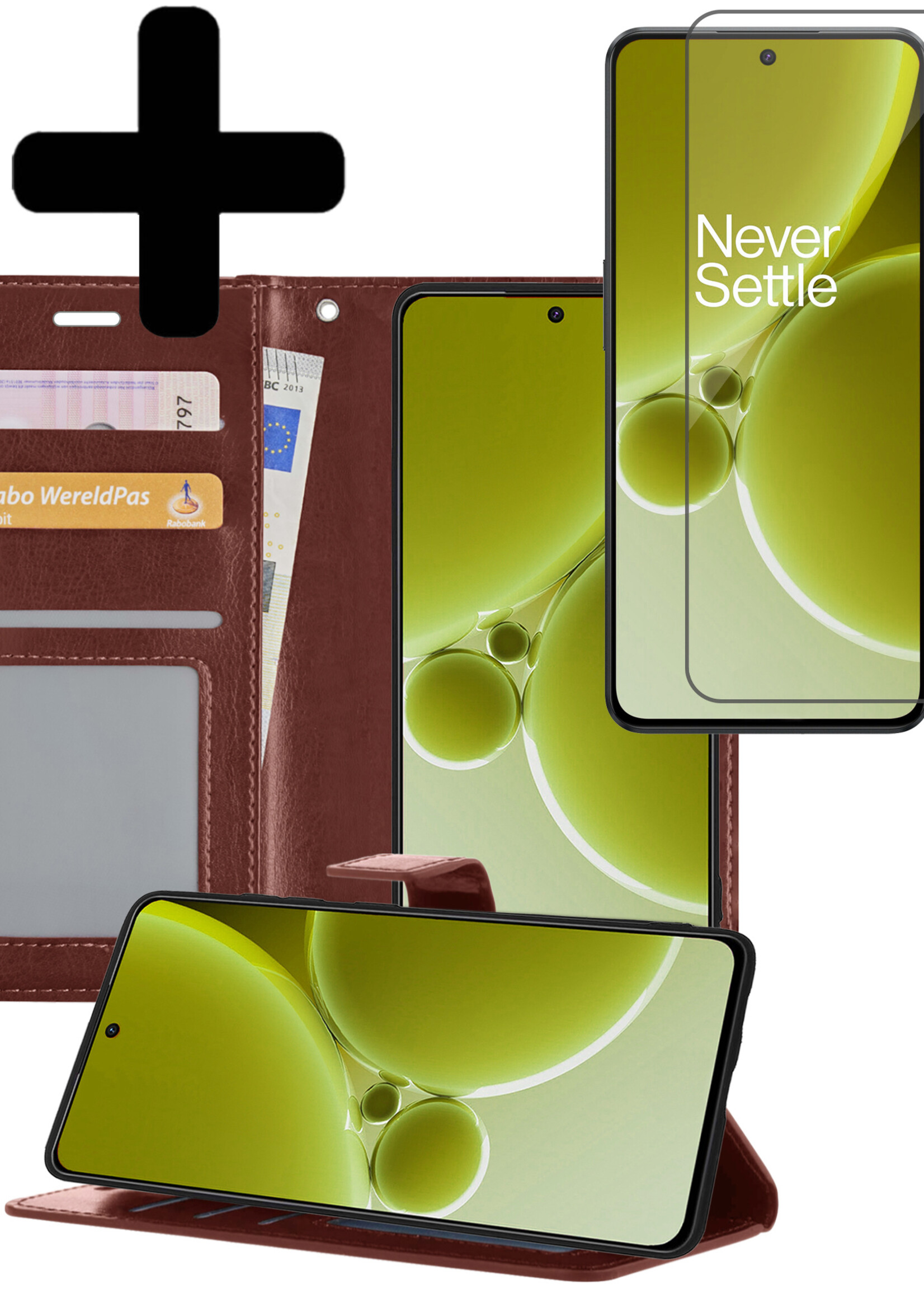 LUQ Hoesje Geschikt voor OnePlus Nord 3 Hoesje Book Case Hoes Wallet Cover Met Screenprotector - Hoes Geschikt voor OnePlus Nord 3 Hoesje Bookcase Hoes - Bruin