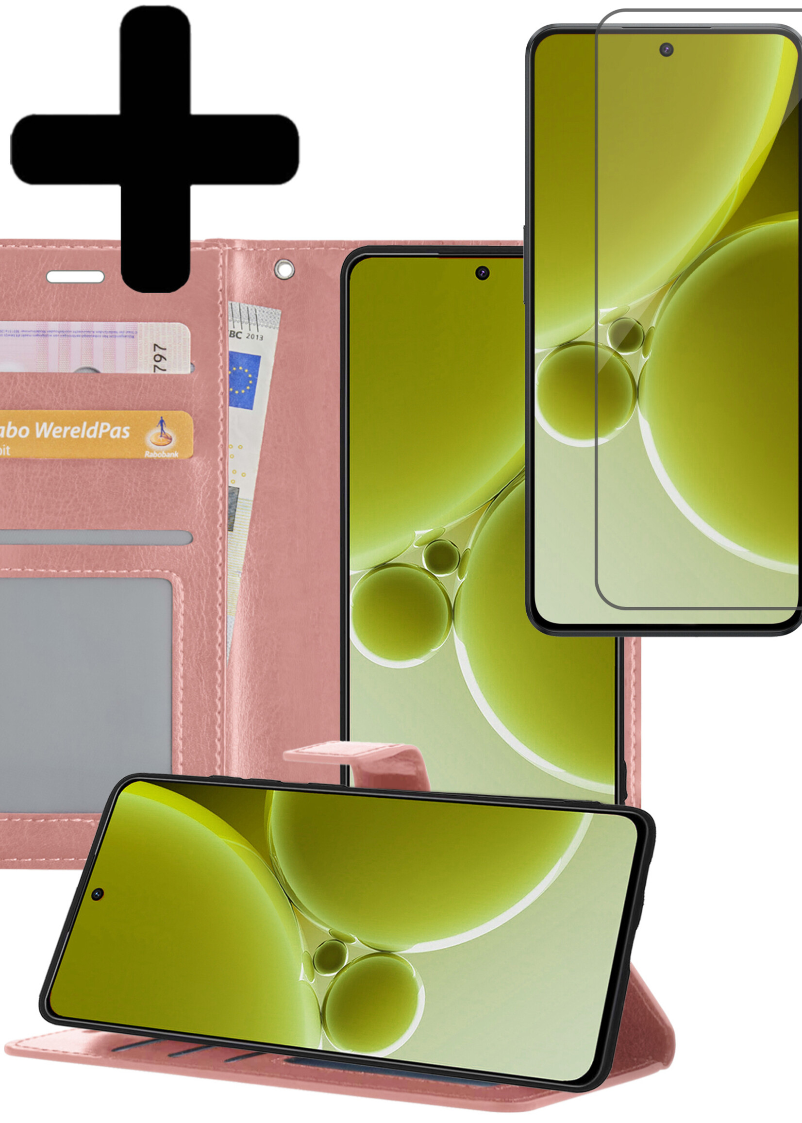 LUQ Hoesje Geschikt voor OnePlus Nord 3 Hoesje Book Case Hoes Wallet Cover Met Screenprotector - Hoes Geschikt voor OnePlus Nord 3 Hoesje Bookcase Hoes - Rosé goud