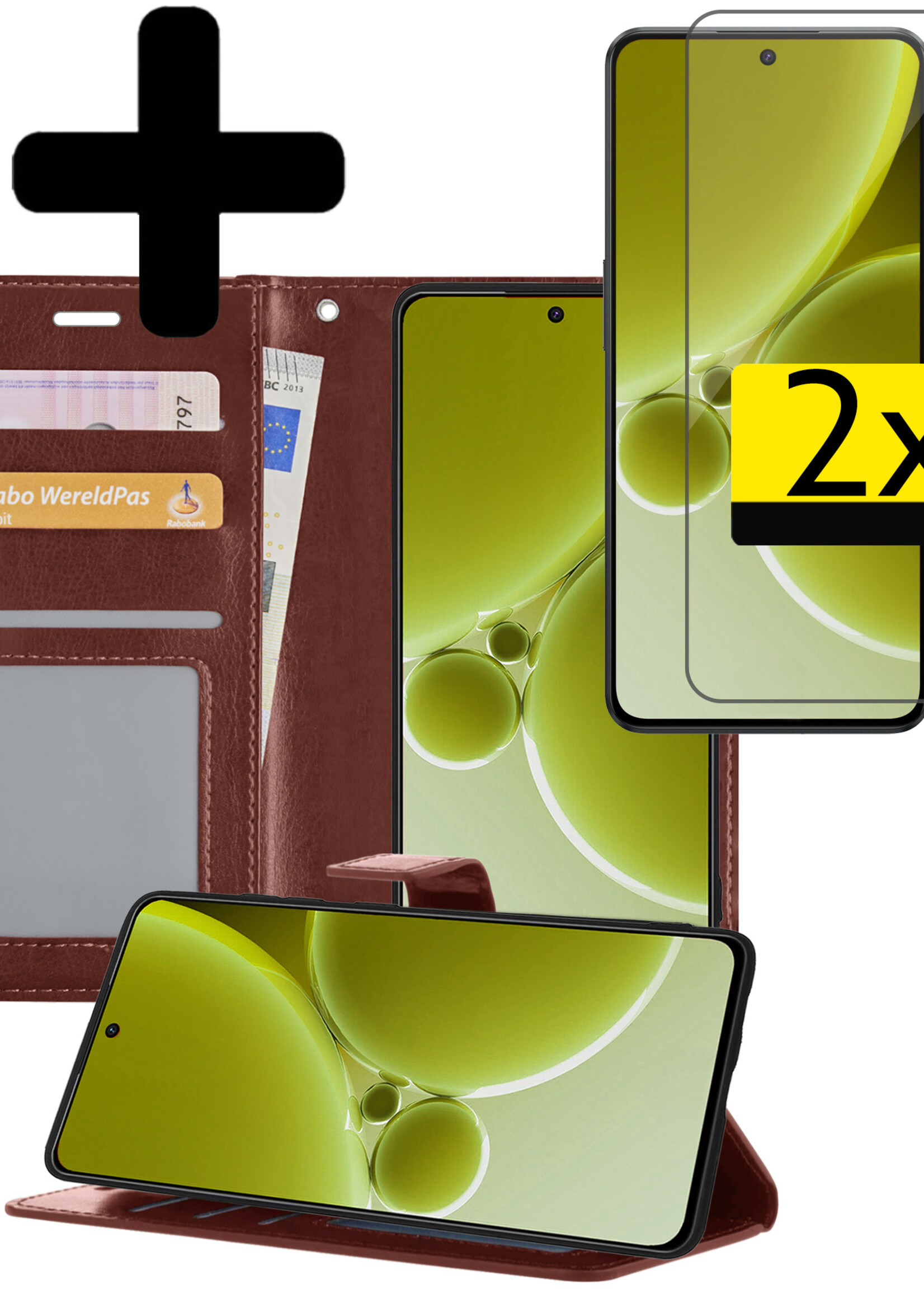 LUQ Hoesje Geschikt voor OnePlus Nord 3 Hoesje Book Case Hoes Wallet Cover Met 2x Screenprotector - Hoes Geschikt voor OnePlus Nord 3 Hoesje Bookcase Hoes - Bruin