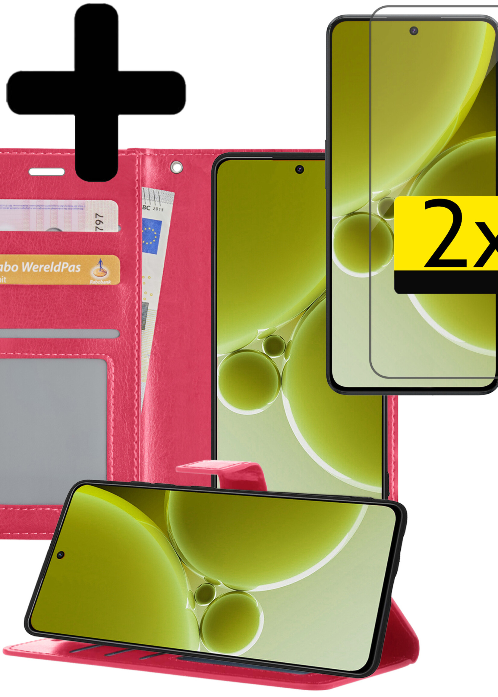 LUQ Hoesje Geschikt voor OnePlus Nord 3 Hoesje Book Case Hoes Wallet Cover Met 2x Screenprotector - Hoes Geschikt voor OnePlus Nord 3 Hoesje Bookcase Hoes - Donkerroze