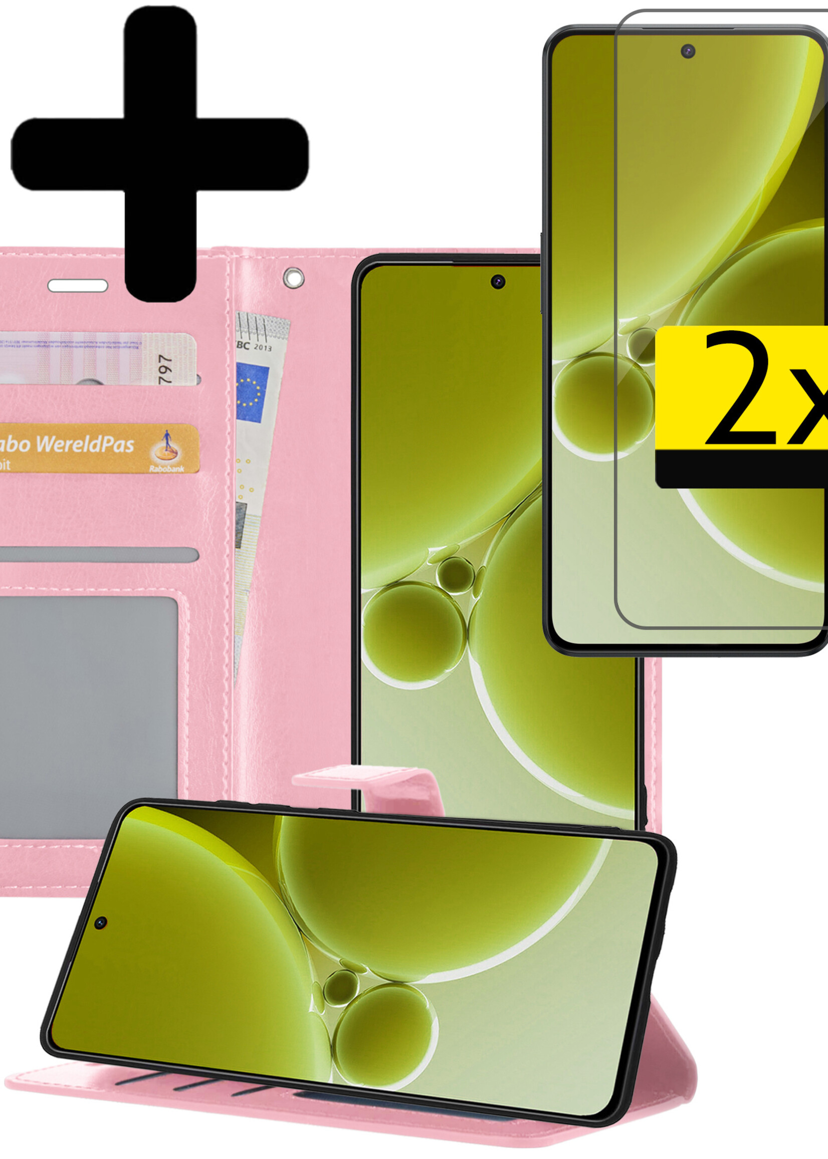 LUQ Hoesje Geschikt voor OnePlus Nord 3 Hoesje Book Case Hoes Wallet Cover Met 2x Screenprotector - Hoes Geschikt voor OnePlus Nord 3 Hoesje Bookcase Hoes - Lichtroze