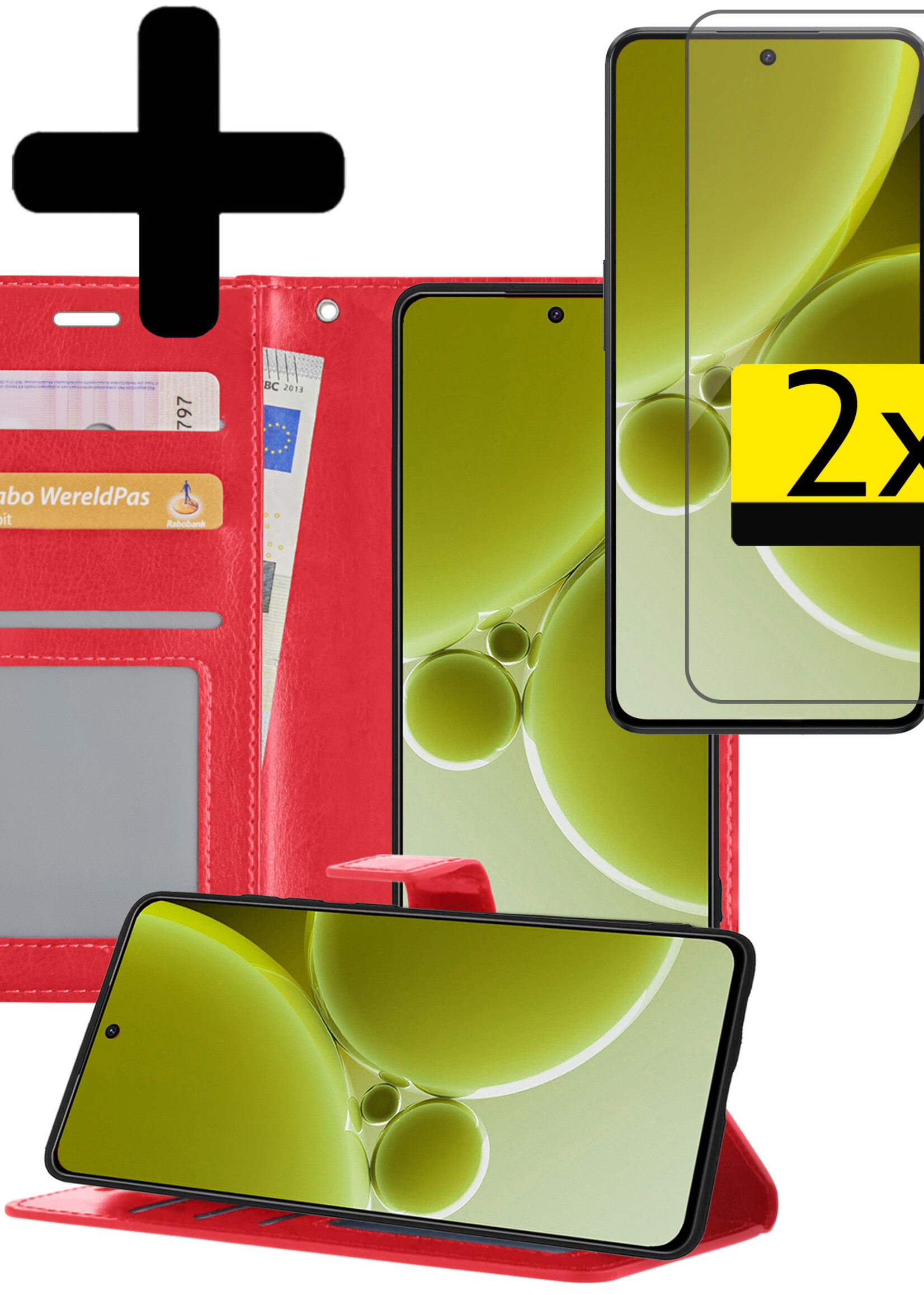 LUQ Hoesje Geschikt voor OnePlus Nord 3 Hoesje Book Case Hoes Wallet Cover Met 2x Screenprotector - Hoes Geschikt voor OnePlus Nord 3 Hoesje Bookcase Hoes - Rood