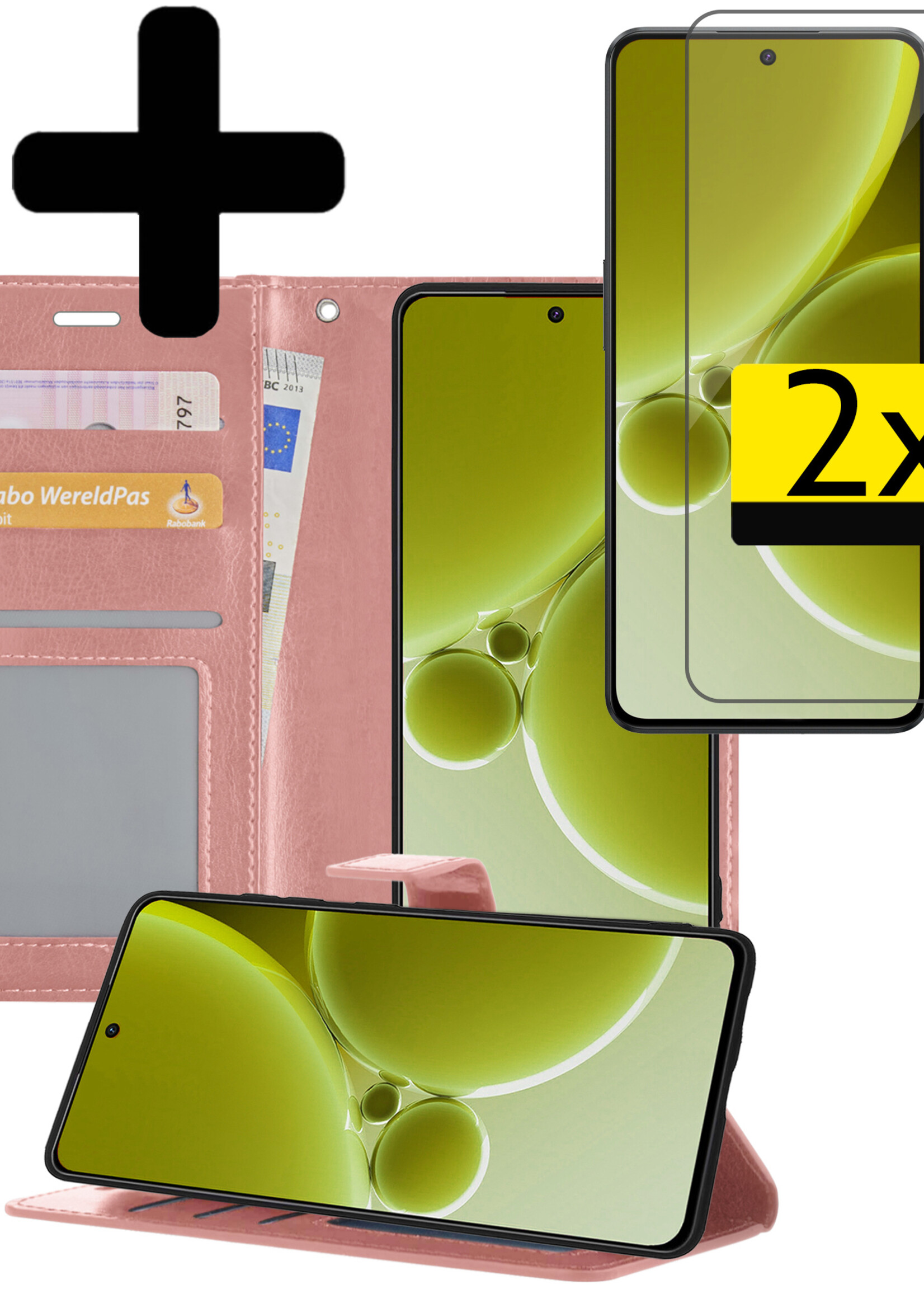 LUQ Hoesje Geschikt voor OnePlus Nord 3 Hoesje Book Case Hoes Wallet Cover Met 2x Screenprotector - Hoes Geschikt voor OnePlus Nord 3 Hoesje Bookcase Hoes - Rosé goud