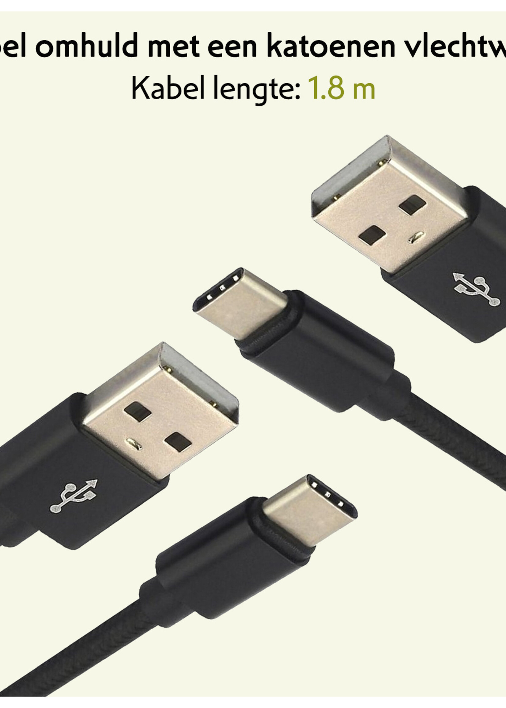 LUQ Oplaadkabel USB-C Kabels Gevlochten Nylon USB C naar USB A - USB C kabel Datakabel - Zwart - 1,8 meter