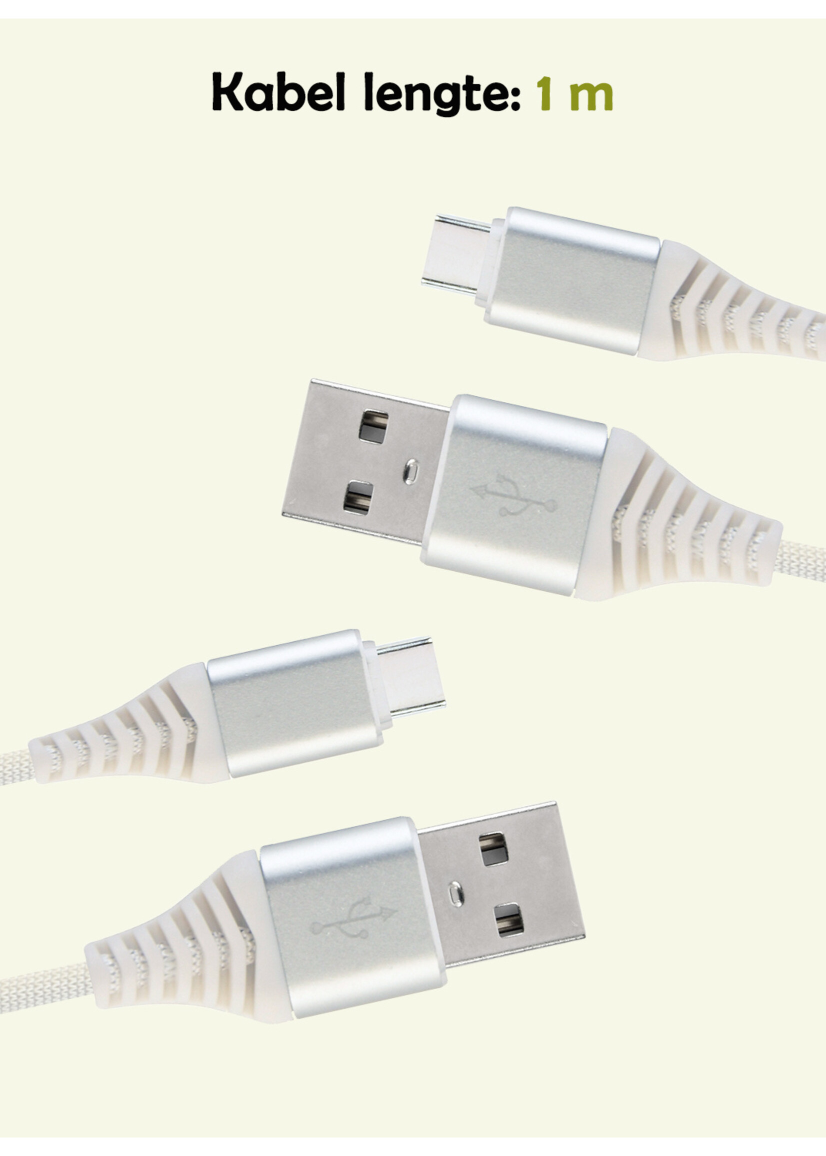 LUQ Oplaadkabel USB-C Kabels Gevlochten Nylon USB C naar USB A - USB C kabel Datakabel - Wit - 1 meter