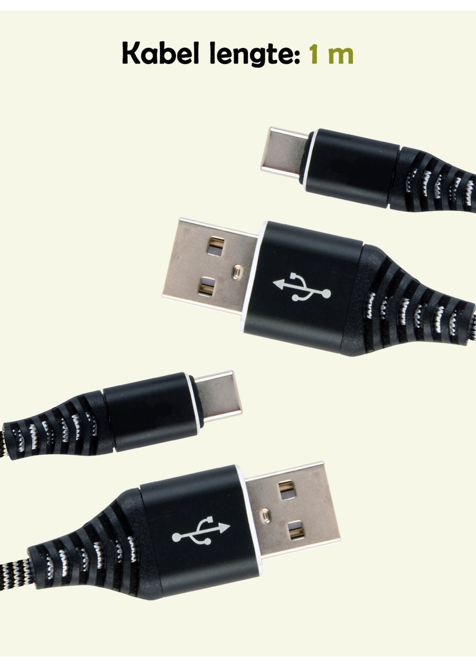 LUQ Oplaadkabel USB-C Kabels Gevlochten Nylon USB C naar USB A - USB C kabel Datakabel - Zwart/Wit - 1 meter