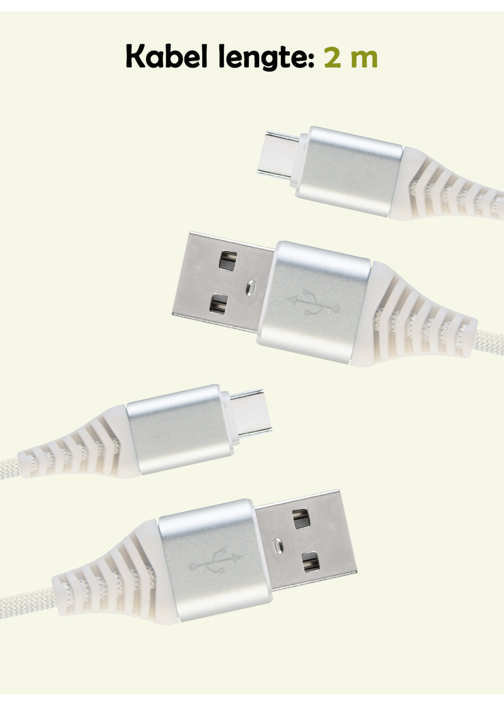LUQ Oplaadkabel USB-C Kabels Gevlochten Nylon USB C naar USB A - USB C kabel Datakabel - Wit - 2 meter