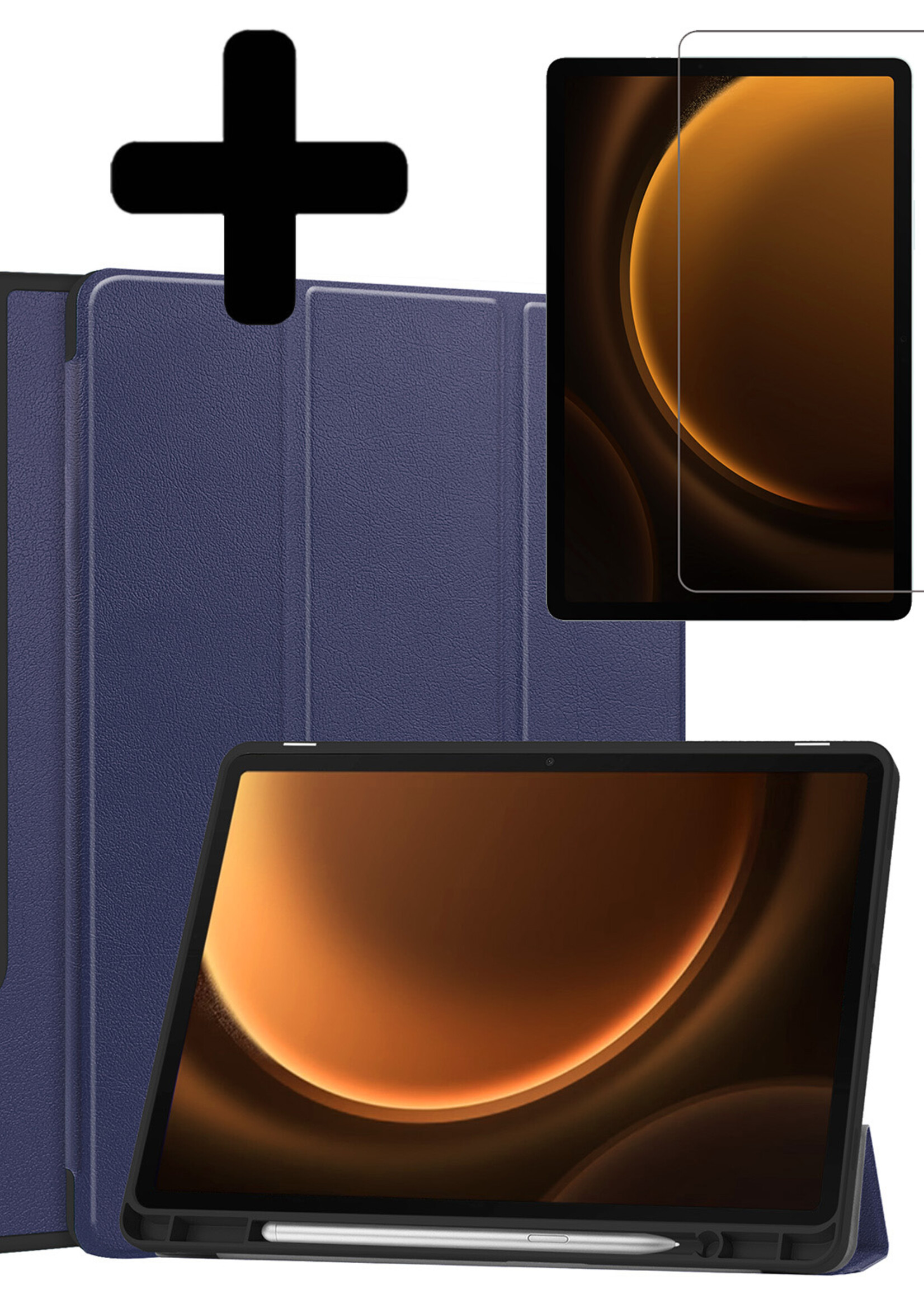 LUQ Hoes Geschikt voor Samsung Galaxy Tab S9 FE Hoes Luxe Hoesje Case Met Uitsparing Geschikt voor S Pen Met Screenprotector - Hoesje Geschikt voor Samsung Tab S9 FE Hoes Cover - Donkerblauw