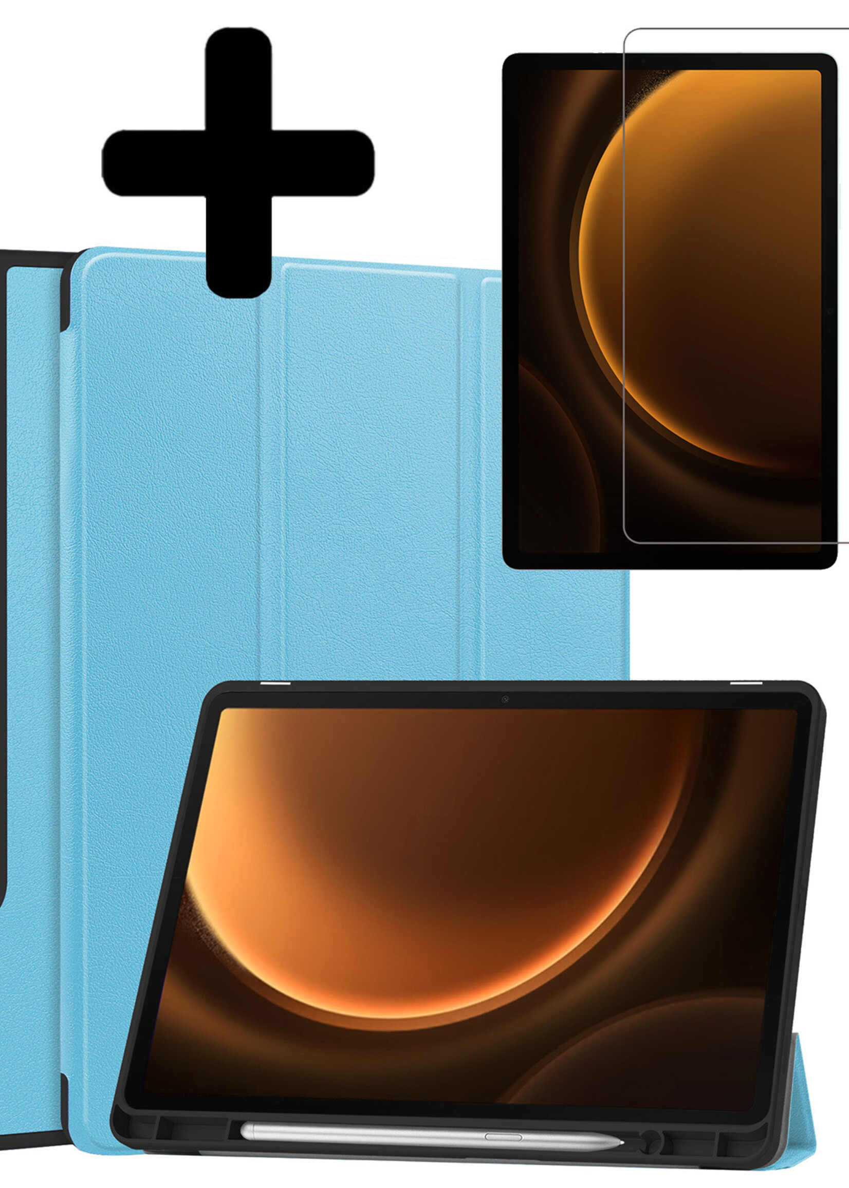 LUQ Hoes Geschikt voor Samsung Galaxy Tab S9 FE Hoes Luxe Hoesje Case Met Uitsparing Geschikt voor S Pen Met Screenprotector - Hoesje Geschikt voor Samsung Tab S9 FE Hoes Cover - Lichtblauw